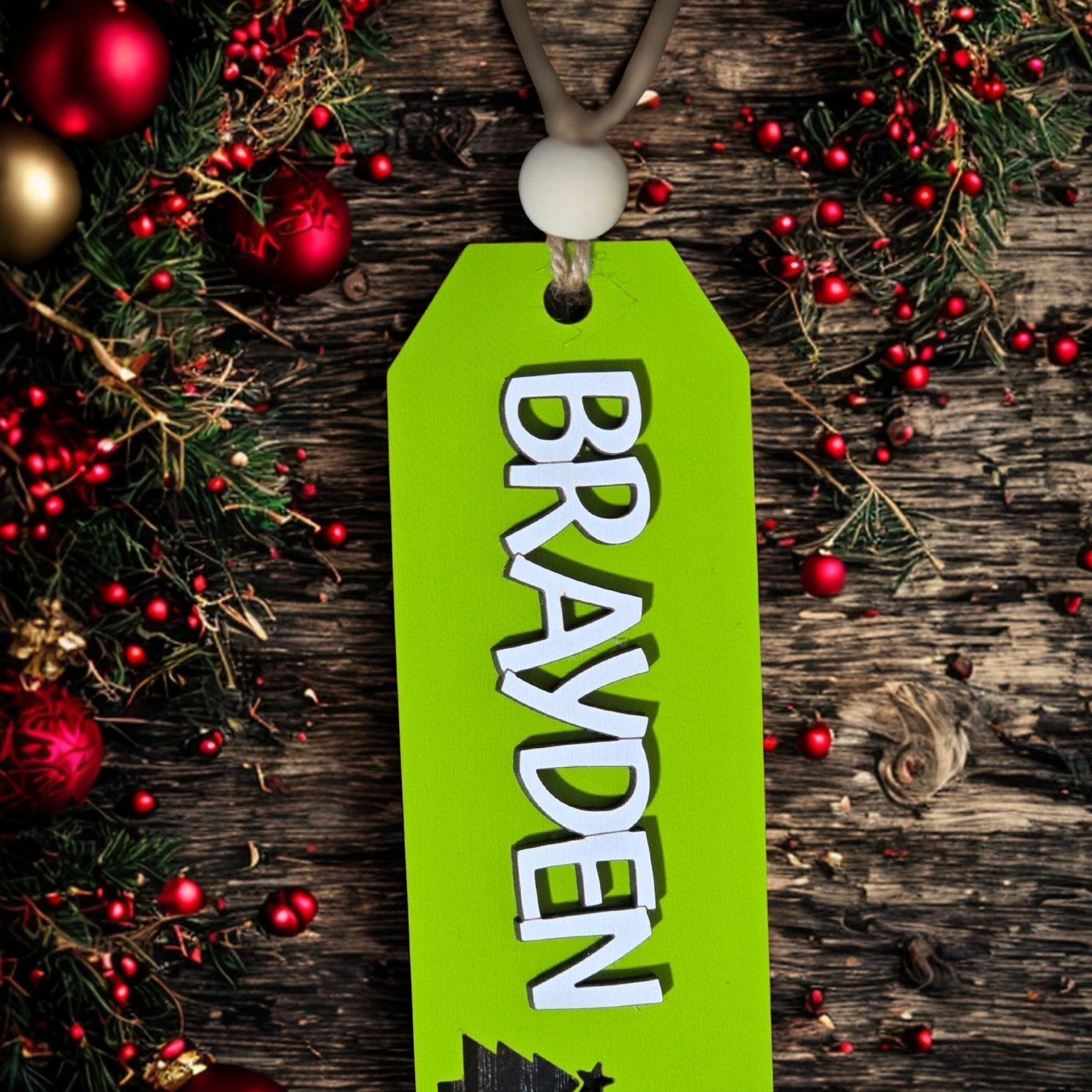 Personalized Christmas Stocking Tag for Holiday Decor & Gift Bags layered ornament detail
