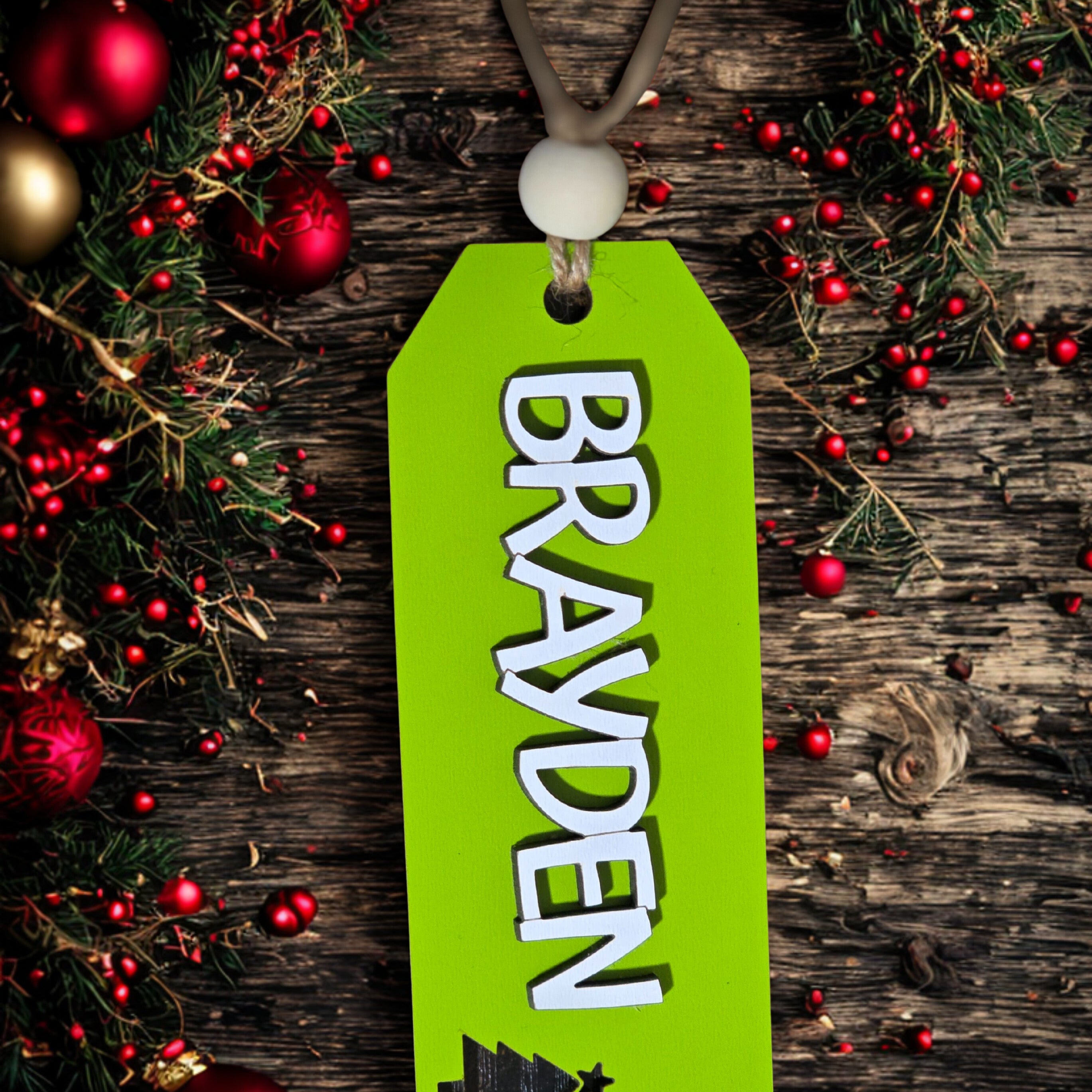 Personalized Christmas Stocking Tag for Holiday Decor & Gift Bags layered ornament detail