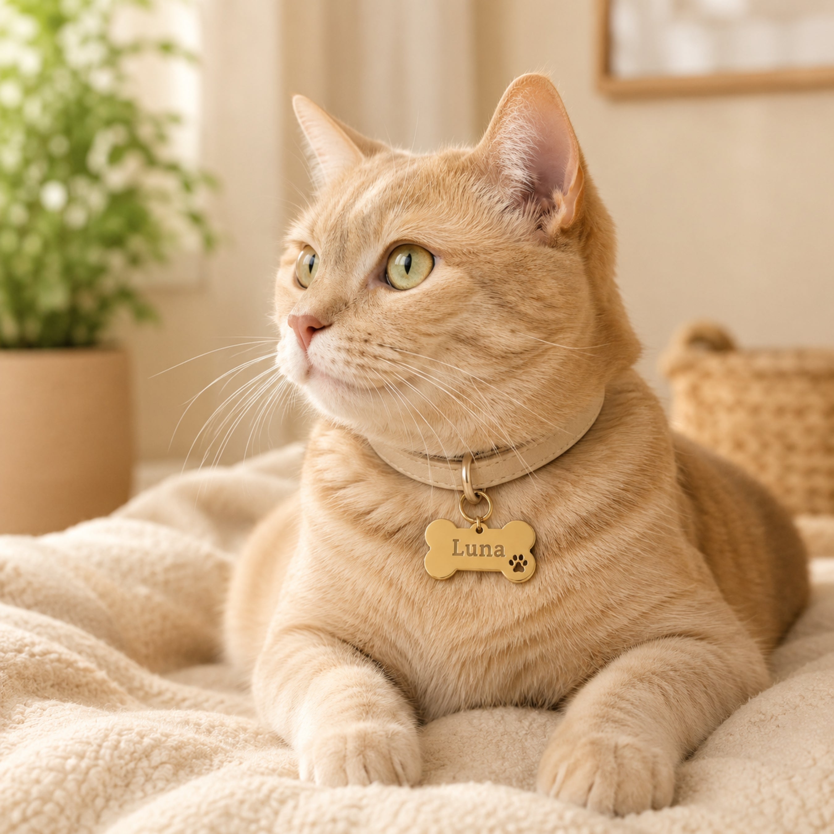 Cat wearing gold stainless steel bone pet tag on collar