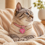Cat wearing pink personalized pet ID tag engraved with Miley