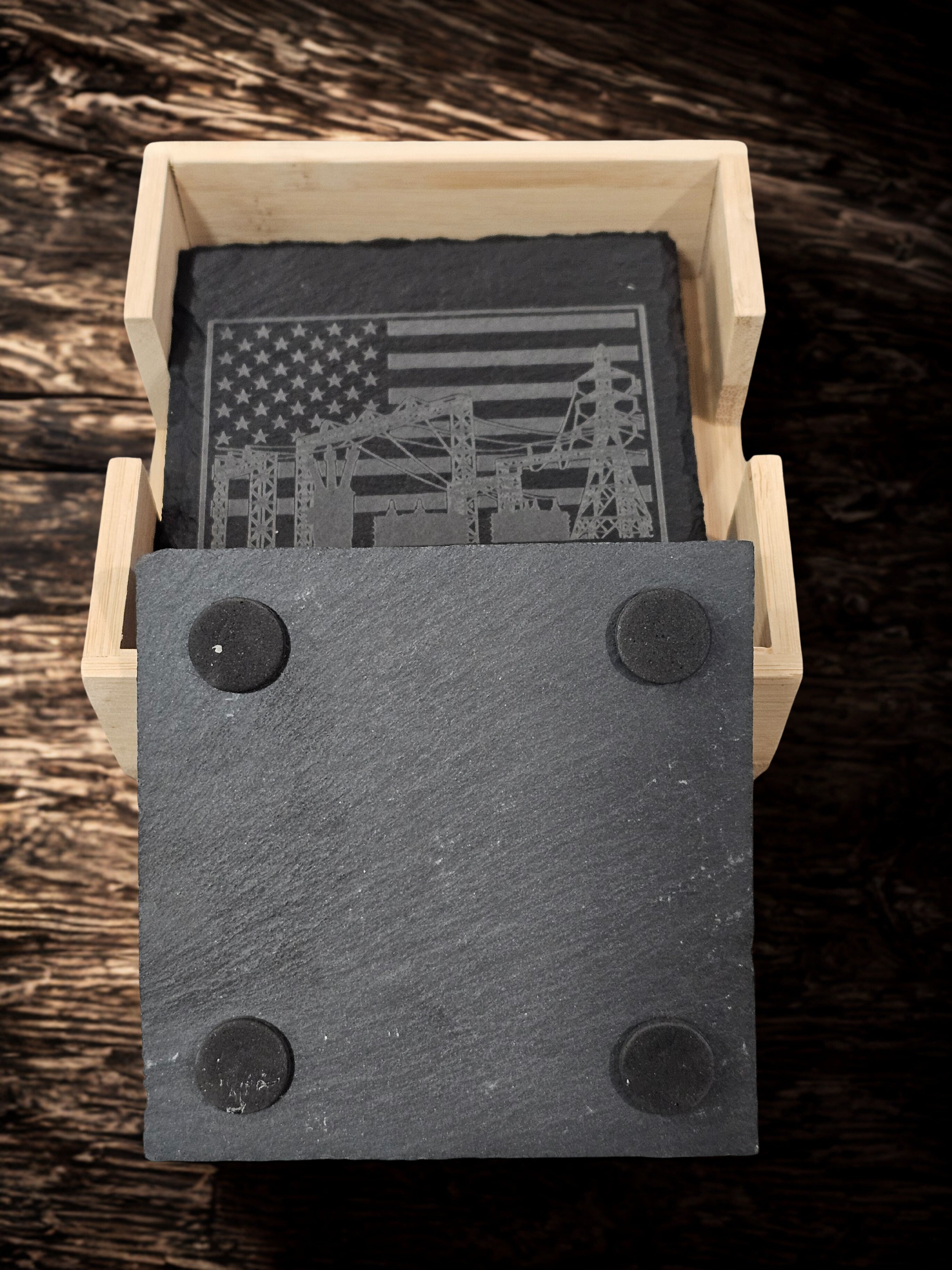 Substation Electrician Gift Engraved Slate Coaster Set with Wood Holder engraved glass detail