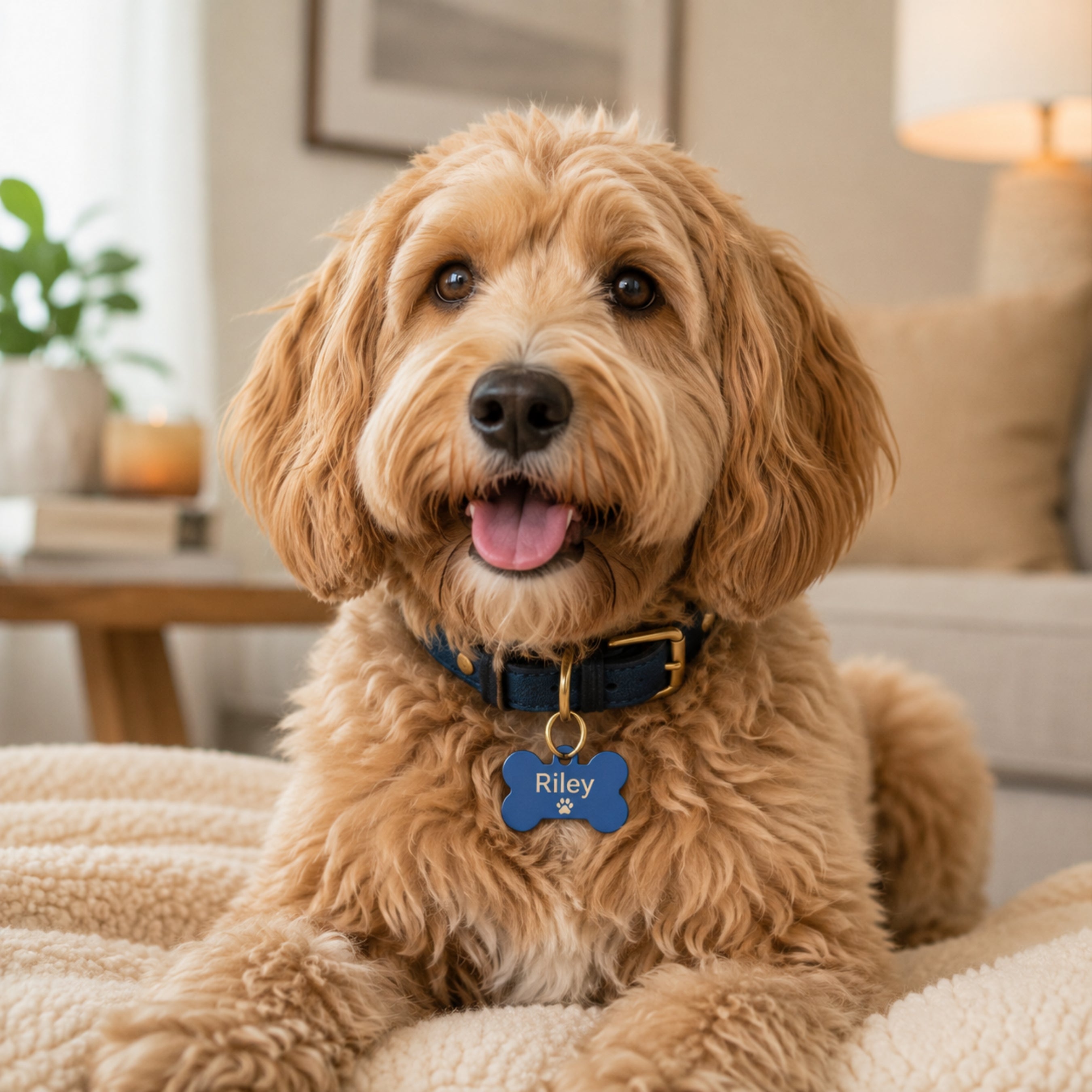 Dog wearing blue personalized pet ID tag engraved with Riley