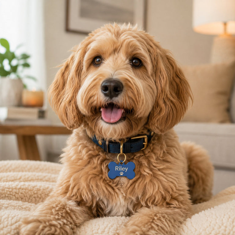 Dog wearing blue personalized pet ID tag engraved with Riley