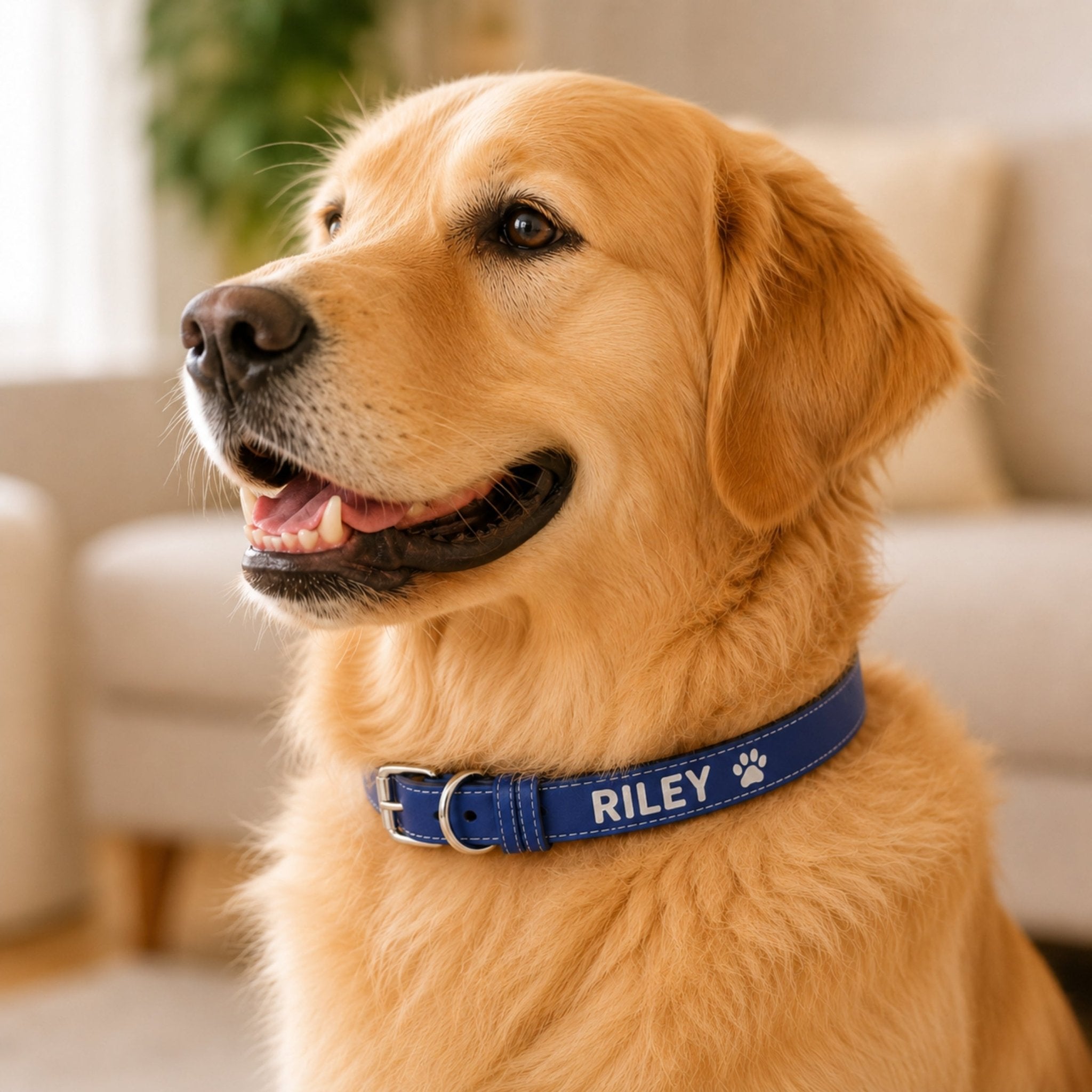 Dog wearing personalized blue leatherette pet collar engraved with Riley
