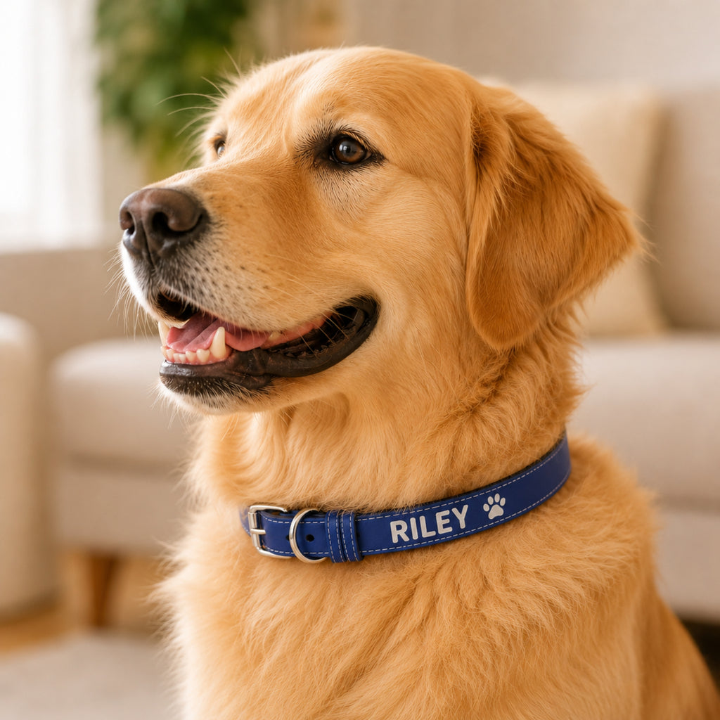 Dog wearing personalized blue leatherette pet collar engraved with Riley