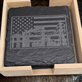 Substation Electrician Gift Engraved Slate Coaster Set with Wood Holder personalization close up