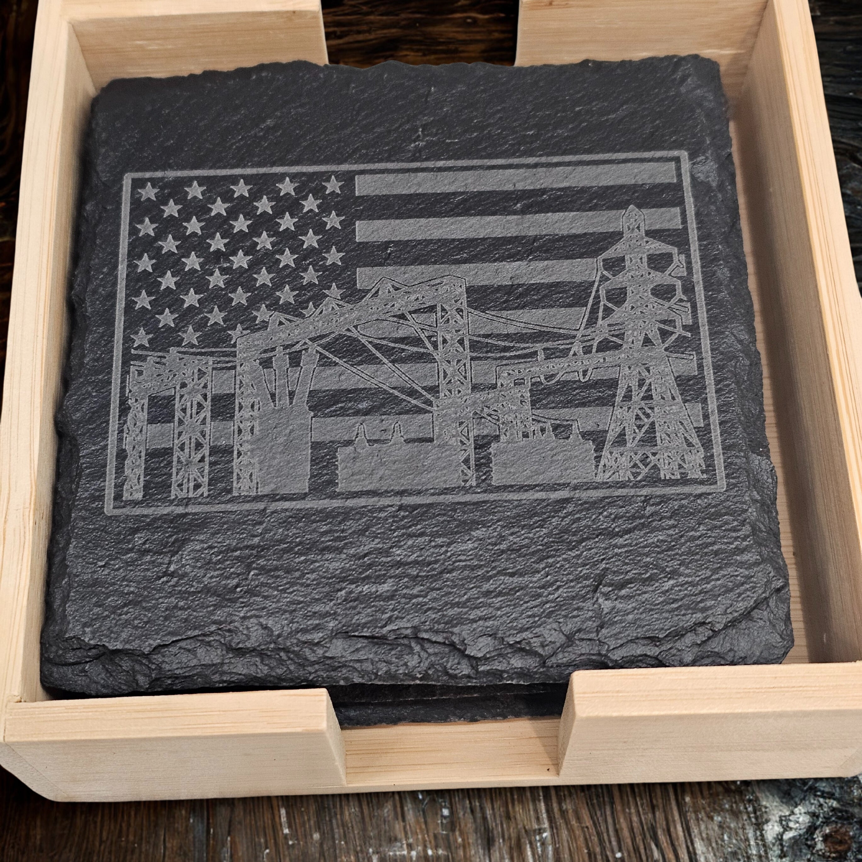 Substation Electrician Gift Engraved Slate Coaster Set with Wood Holder personalization close up