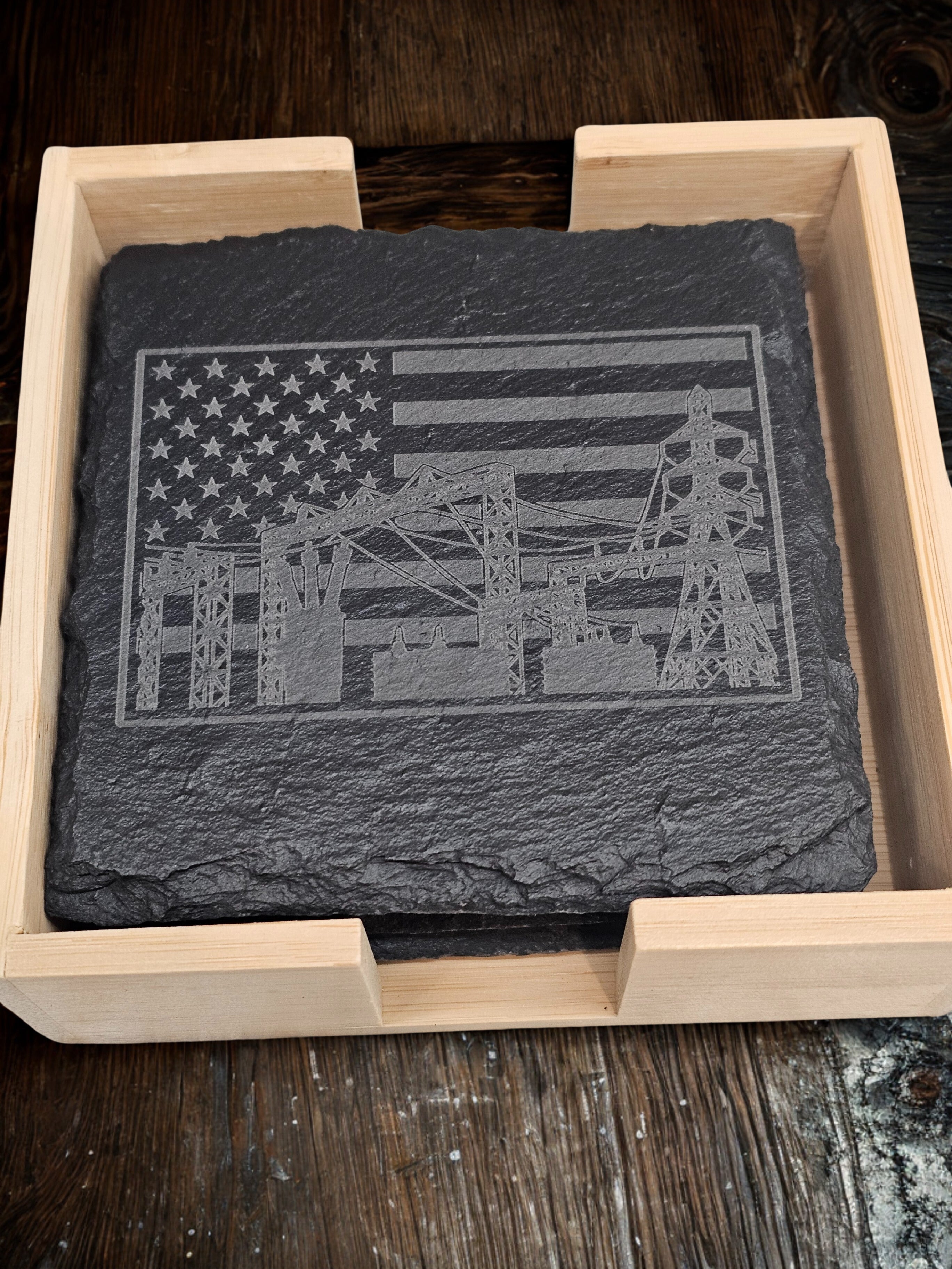 Substation Electrician Gift Engraved Slate Coaster Set with Wood Holder personalization close up