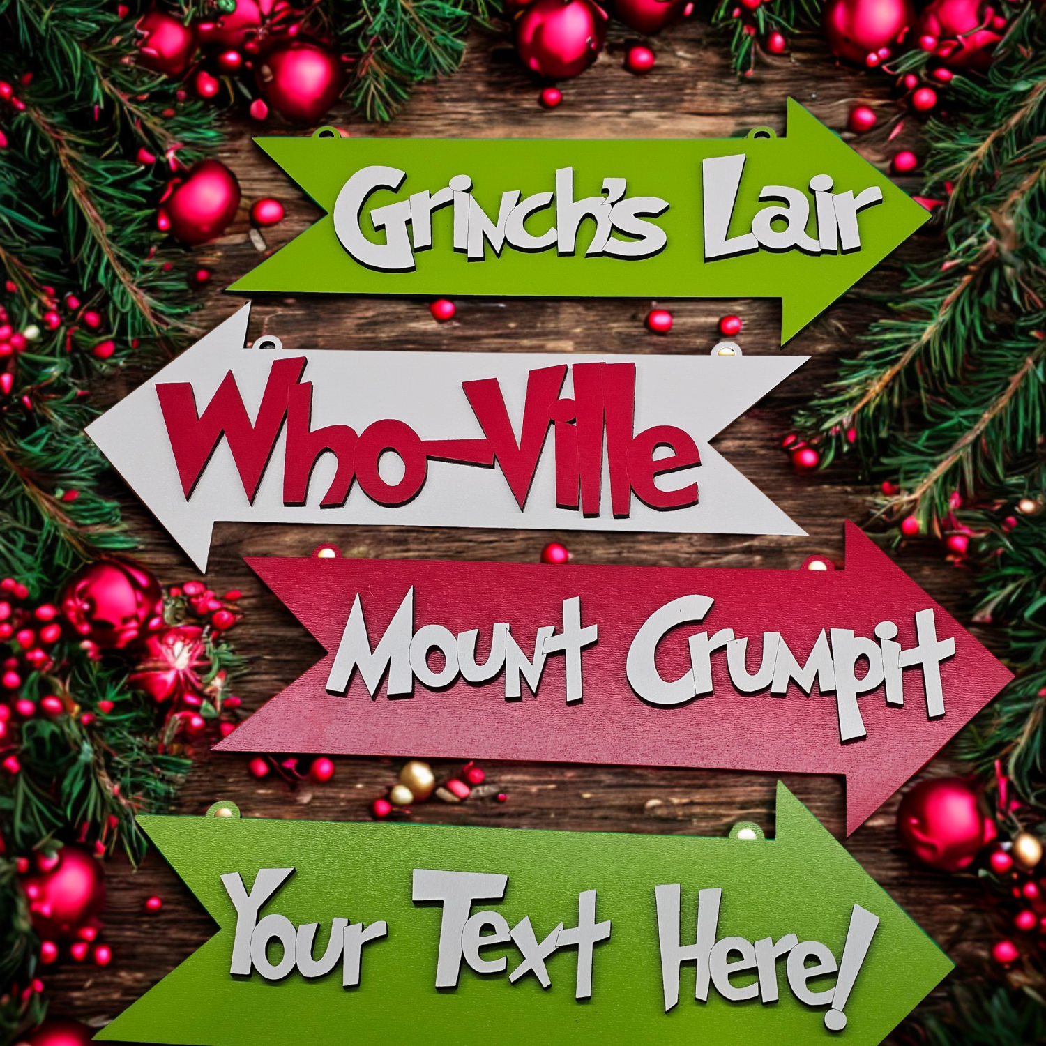 Customizable Whoville Christmas Sign - Grinch's Lair, Mount Crumpit, Who-Ville layered ornament detail