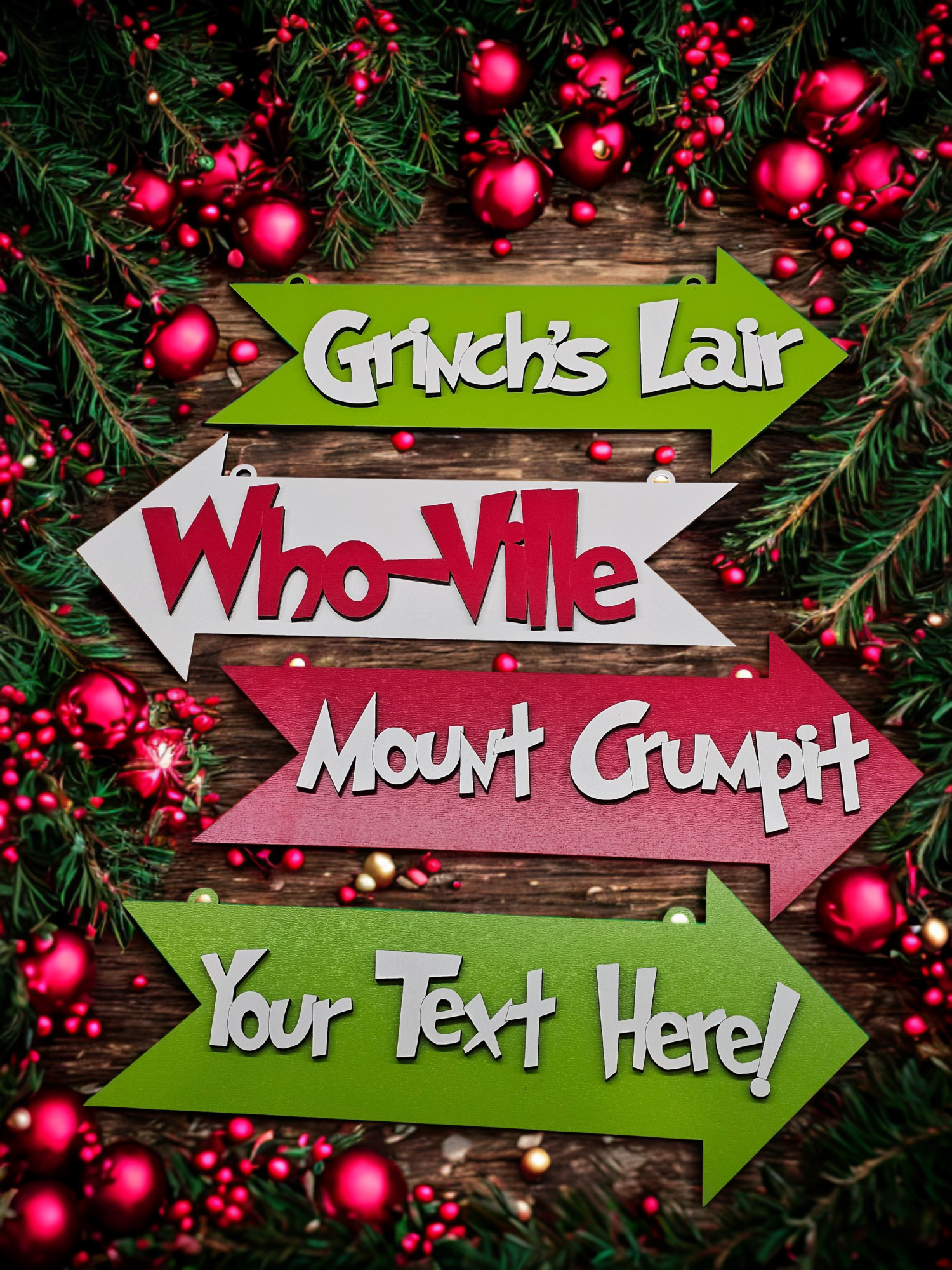 Customizable Whoville Christmas Sign - Grinch's Lair, Mount Crumpit, Who-Ville layered ornament detail