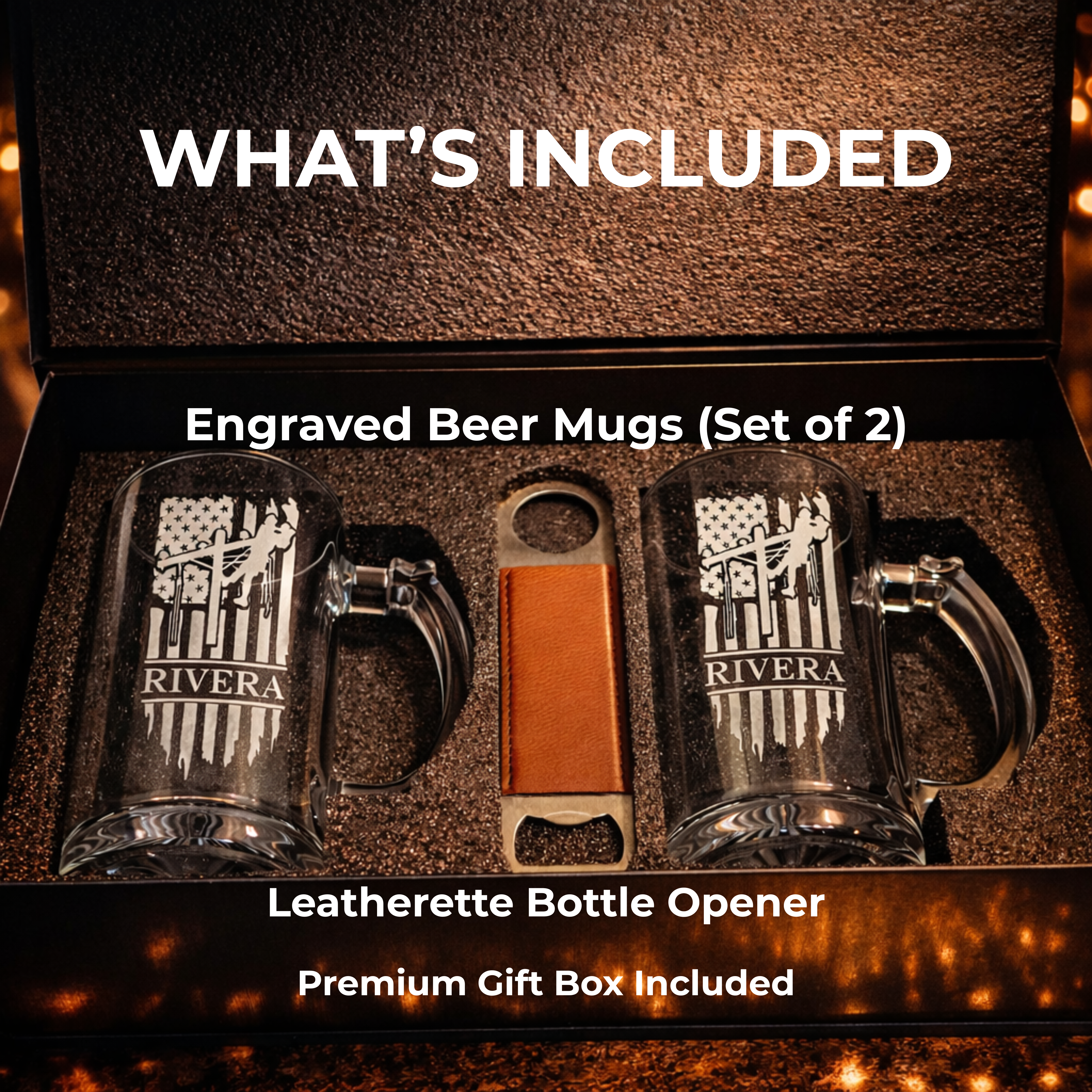 Personalized Lineman Beer Mug Gift Set with Bottle Opener & Gift Box engraved glass detail