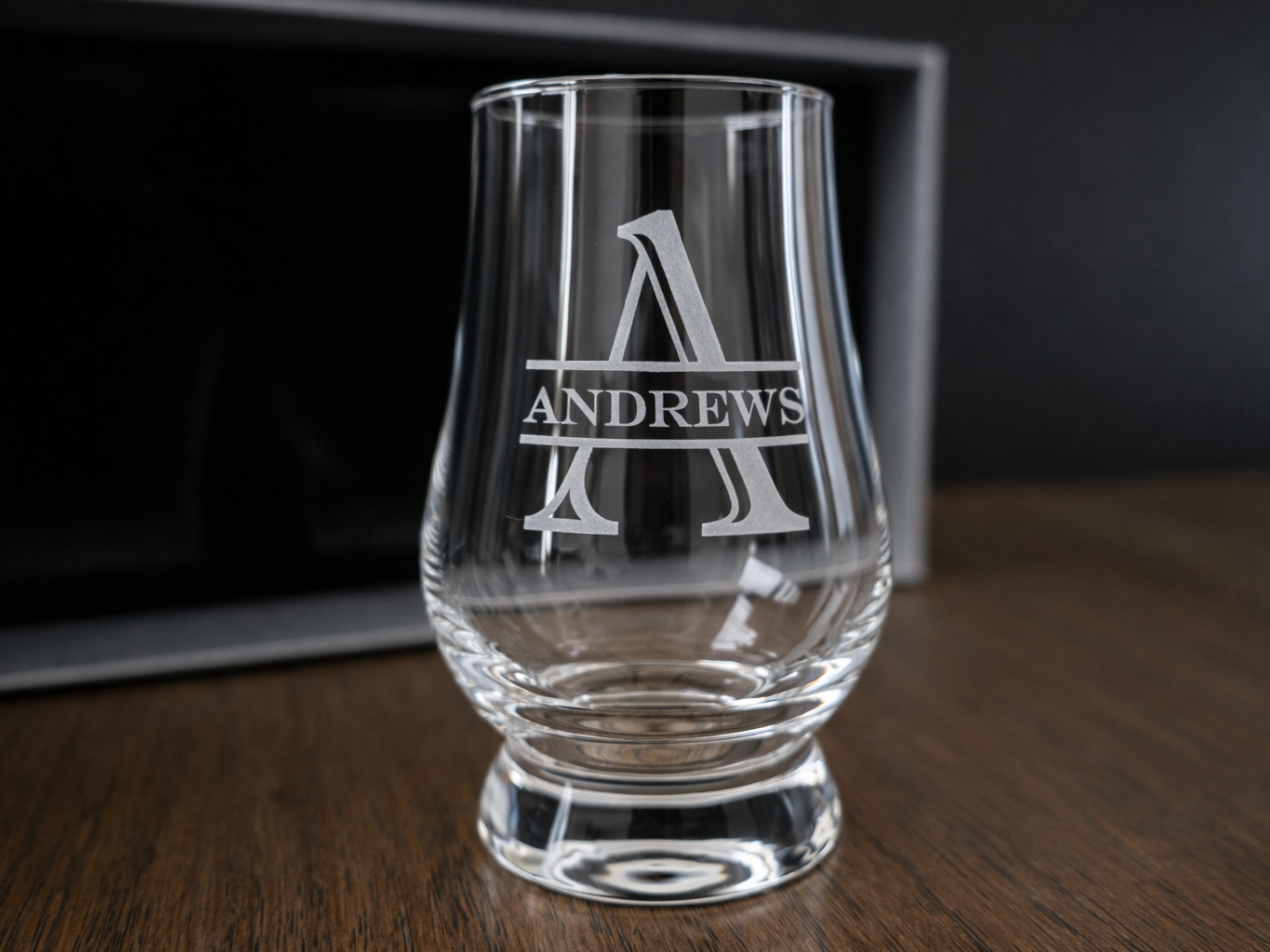 Personalized lead free crystal whiskey glass with engraved initial and name design