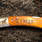 Engraved lineman folding knife with personalized name on wooden handle