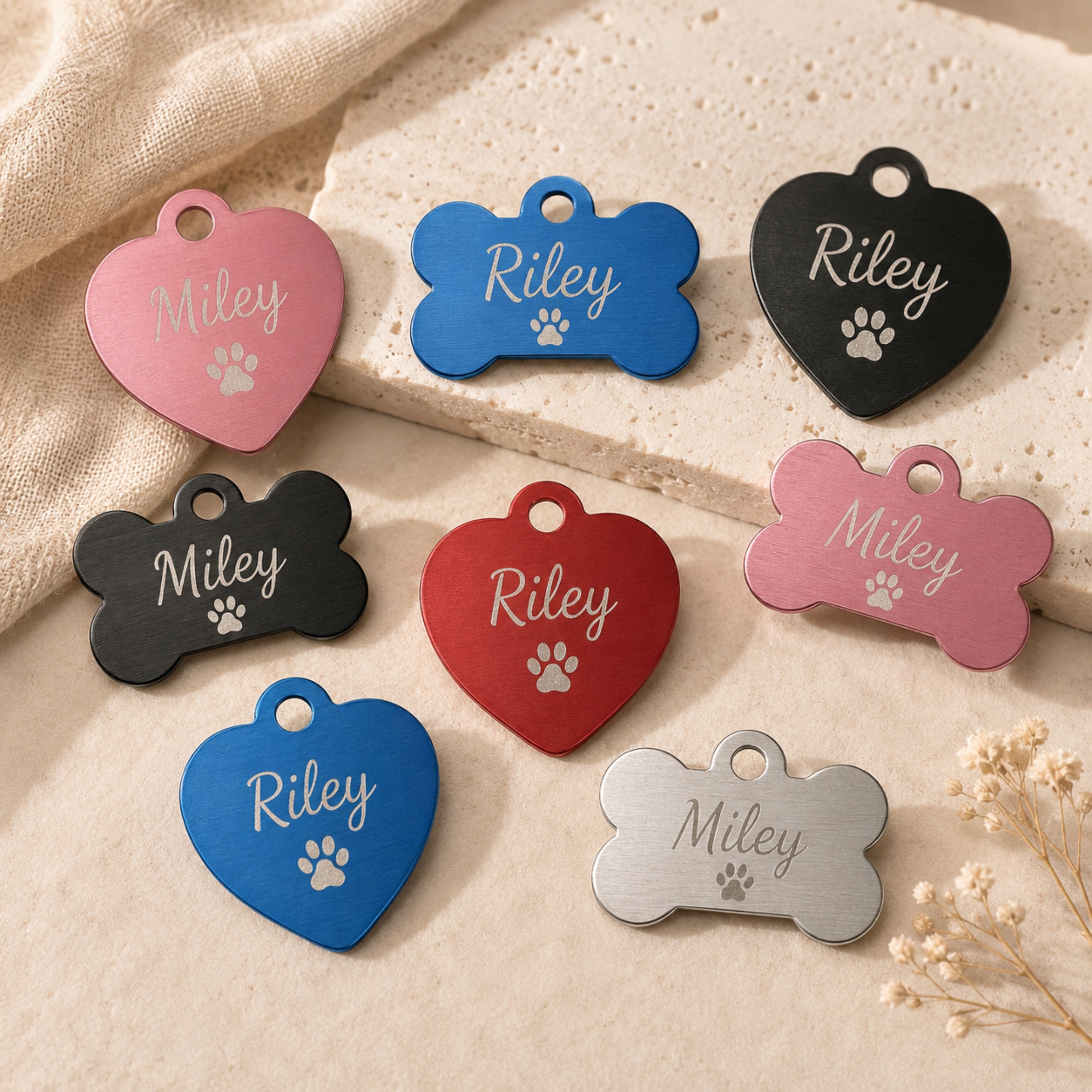 Engraved pet ID tags with front name examples and paw print designs