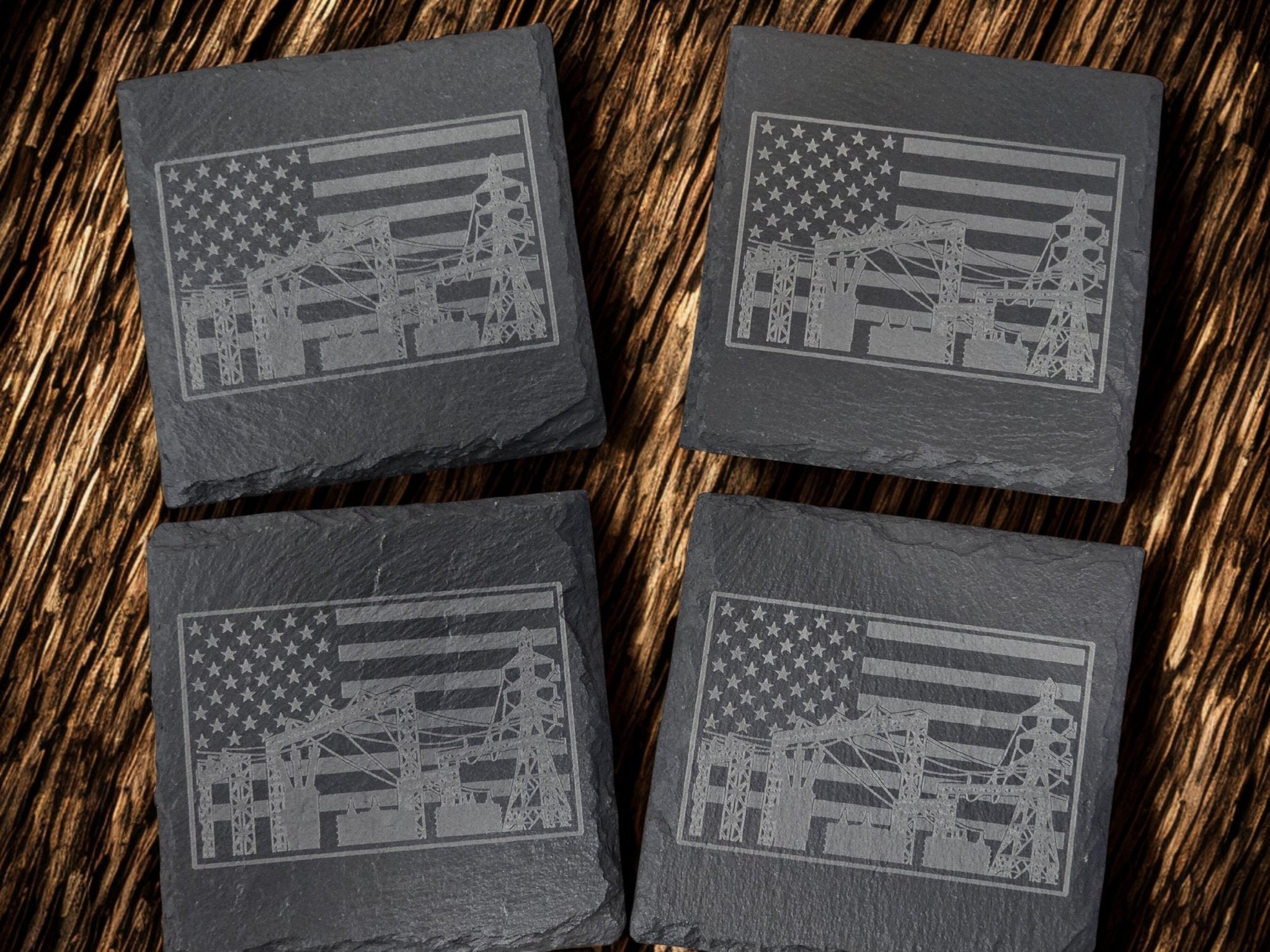 Substation Electrician Gift Engraved Slate Coaster Set with Wood Holder gift-ready set view