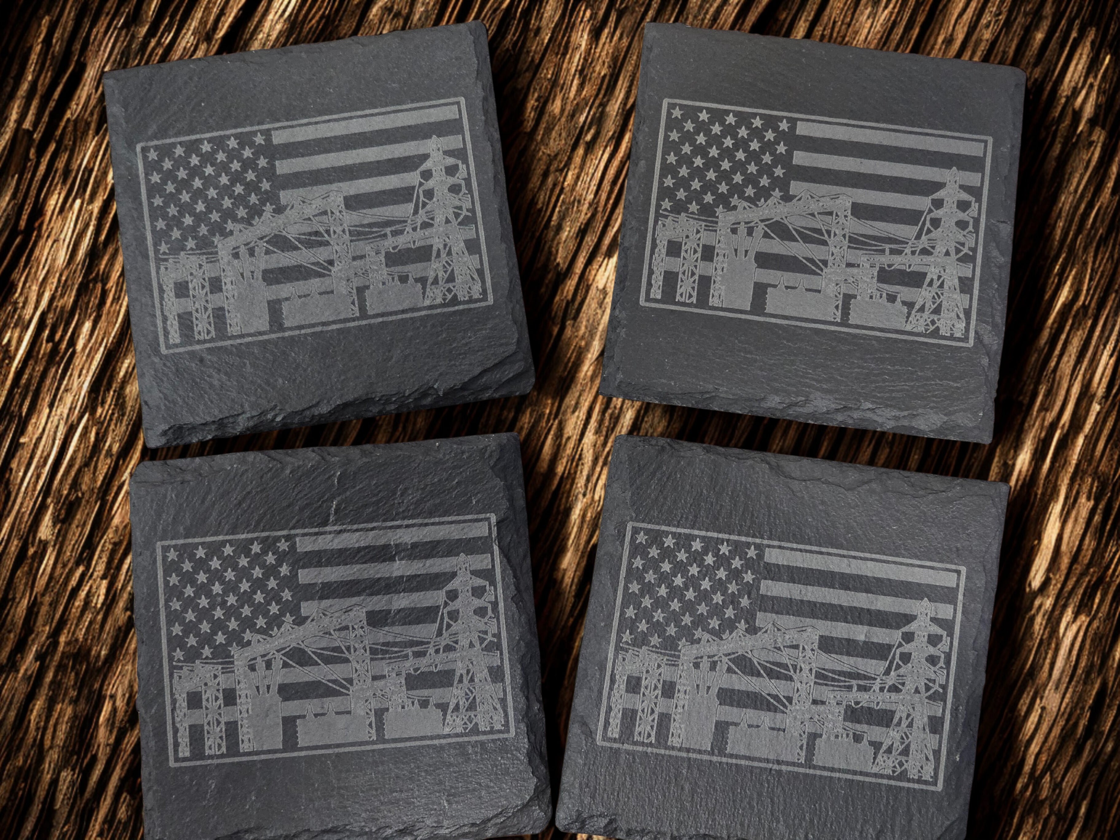 Substation Electrician Gift Engraved Slate Coaster Set with Wood Holder gift-ready set view