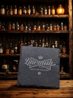 Engraved Lineman Slate Coaster Set with Wood Holder: King of Trades