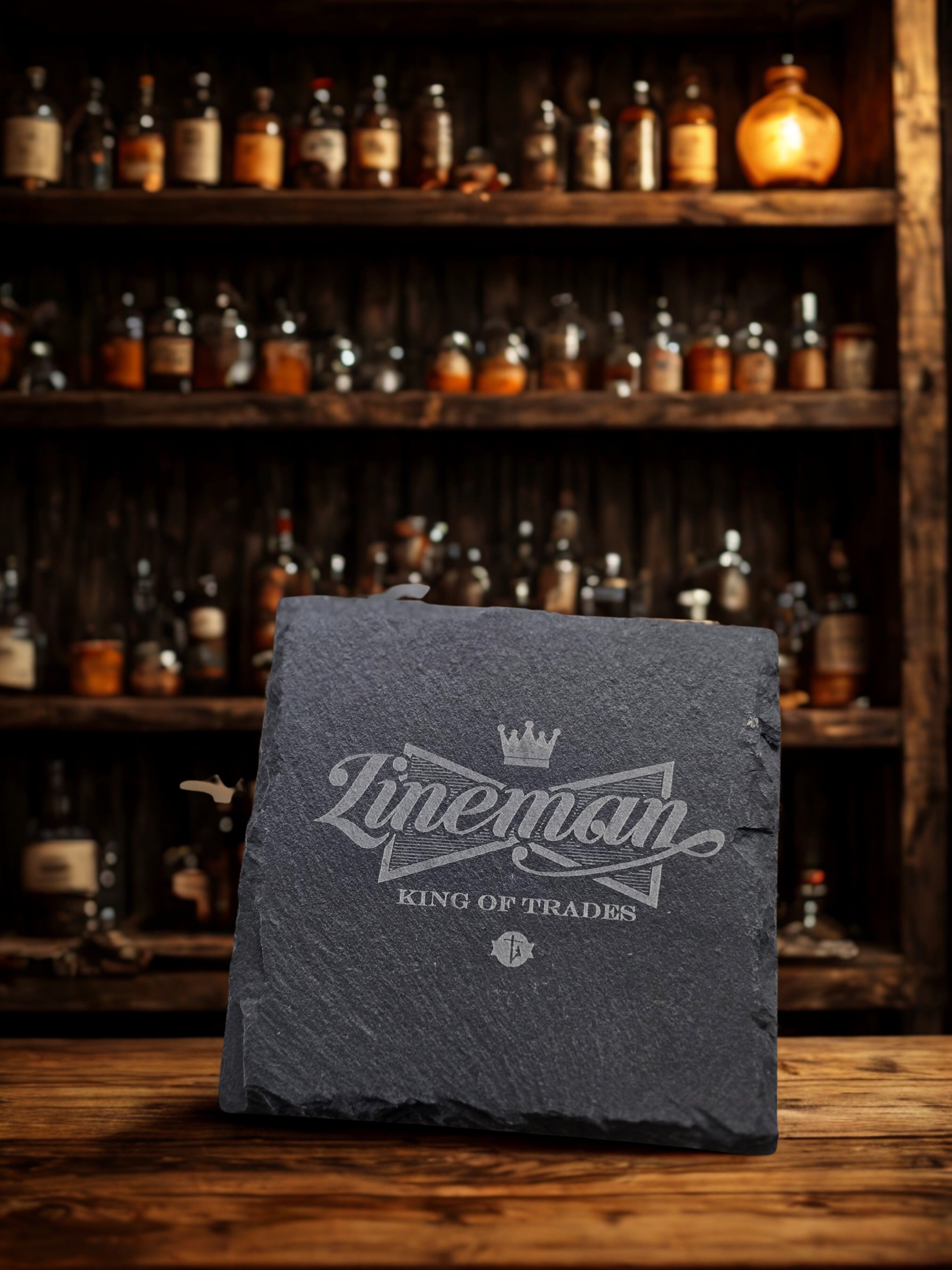 Engraved Lineman Slate Coaster Set with Wood Holder: King of Trades