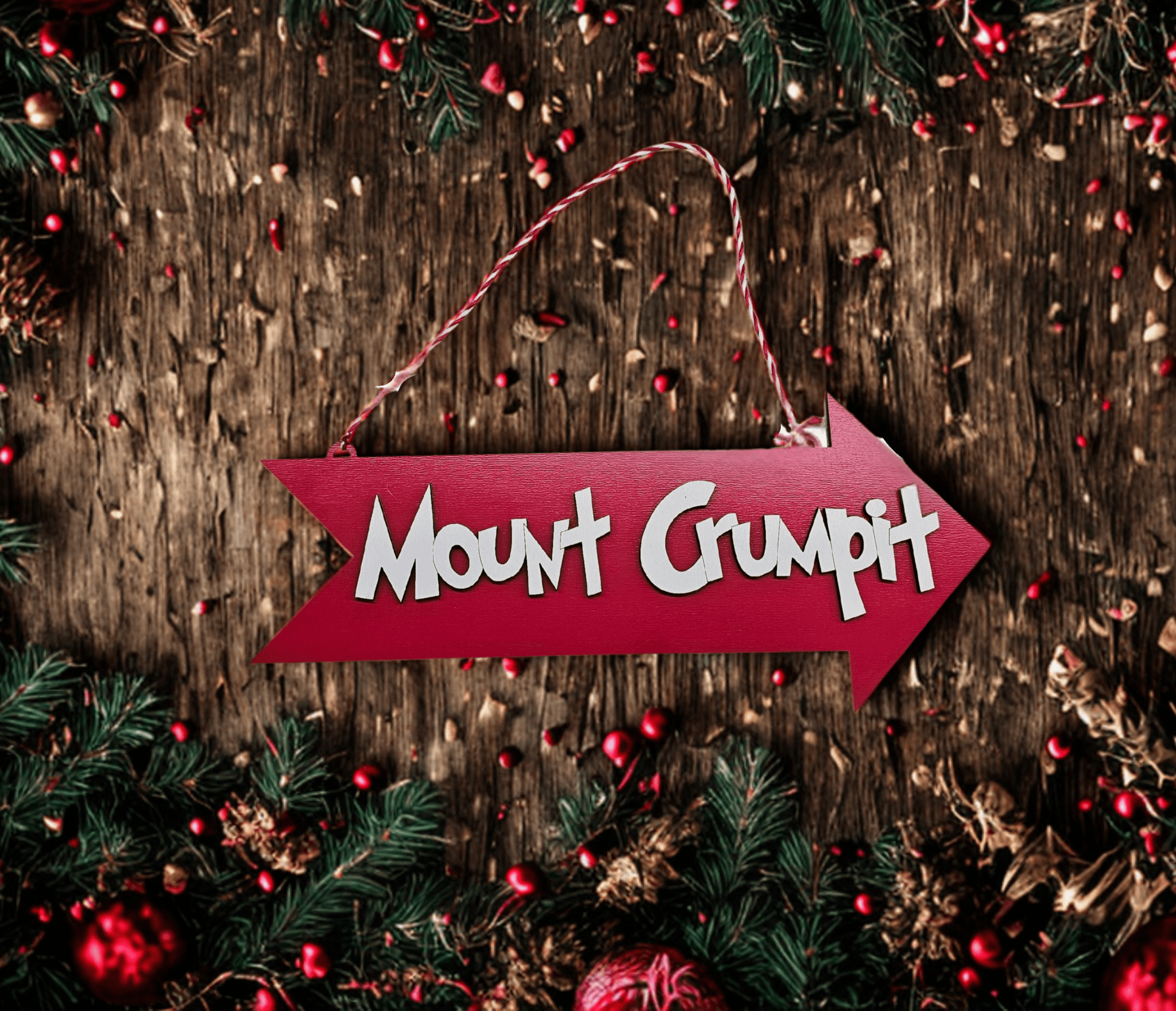 Whoville-style Christmas sign displayed near holiday tree decor