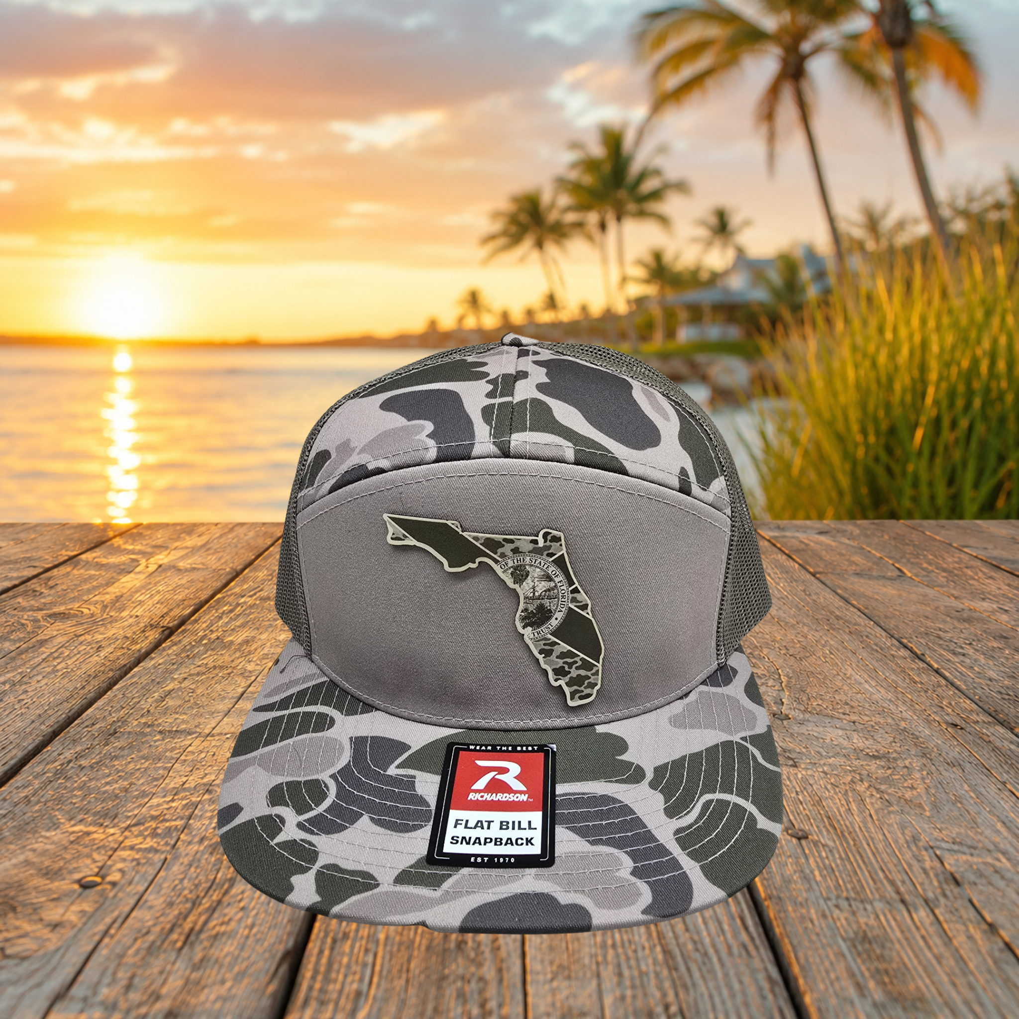 Front view of marsh green camo Florida UV printed patch Richardson 168P flat bill snapback hat