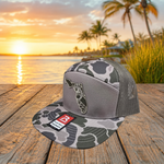 Side view of marsh green camo Florida UV printed patch Richardson 168P flat bill snapback hat