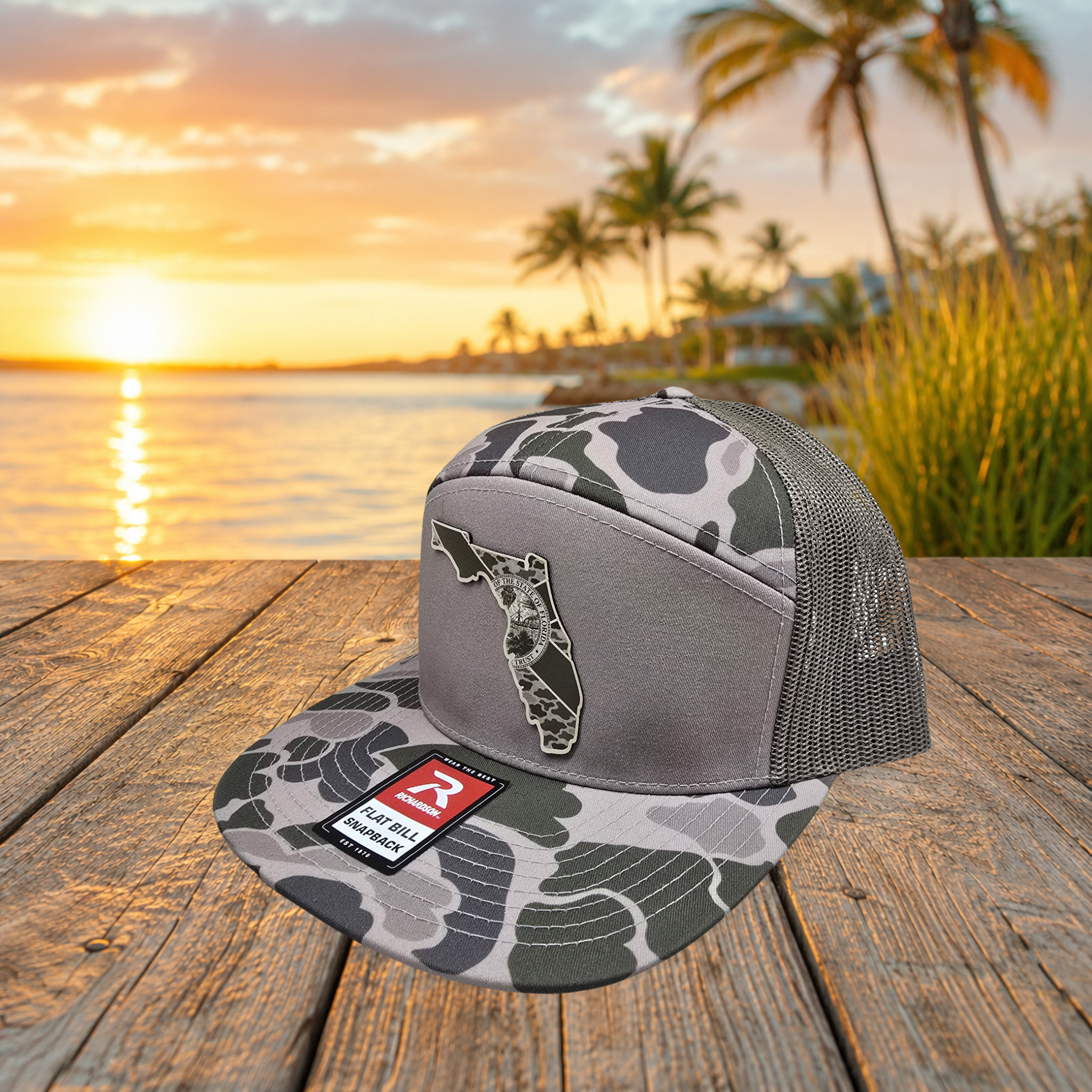 Side view of marsh green camo Florida UV printed patch Richardson 168P flat bill snapback hat