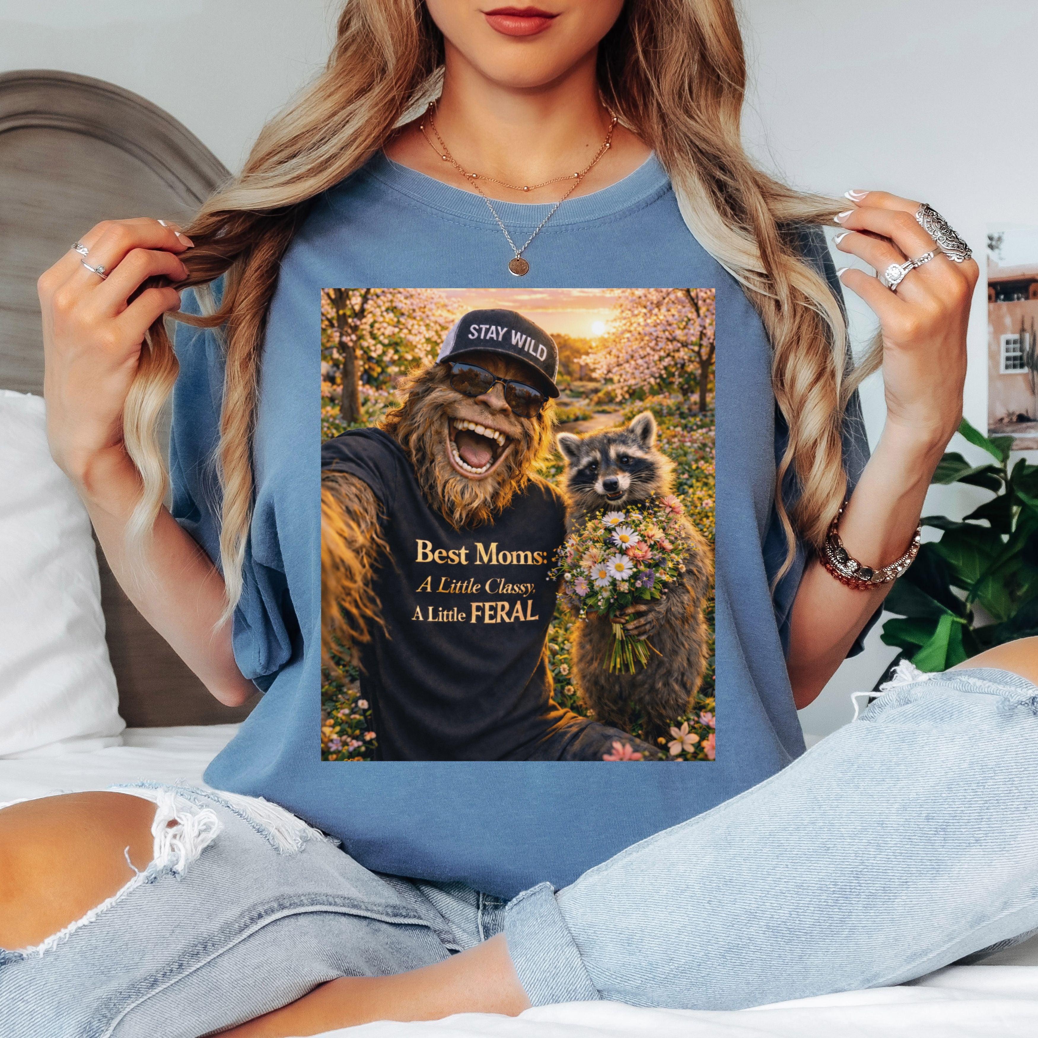 Funny Mom Sasquatch Shirt – Best Moms A Little Classy A Little Feral Tee in Chambray shirt color