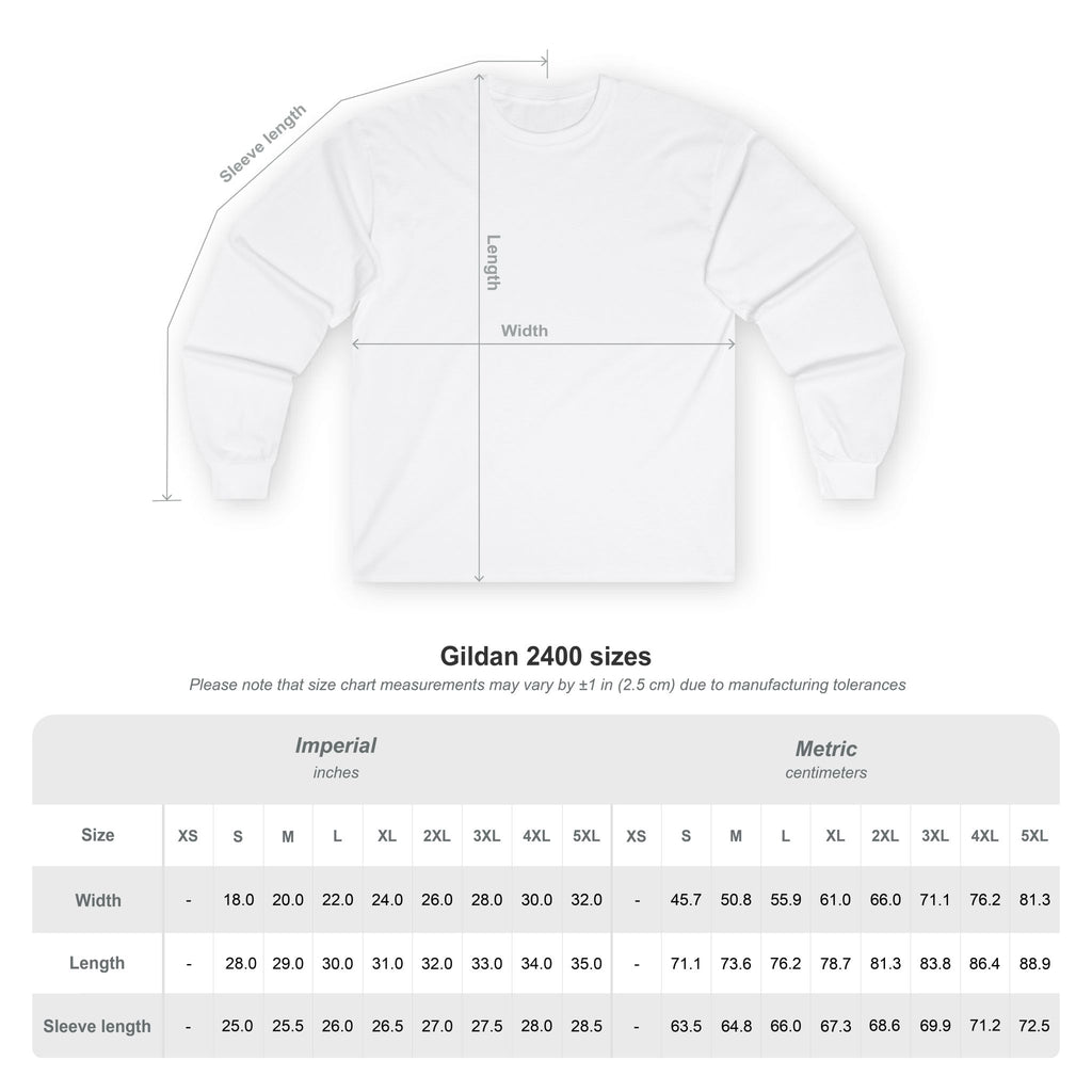 Gildan 2400 unisex long sleeve shirt size chart for Reddy Kilowatt shirt