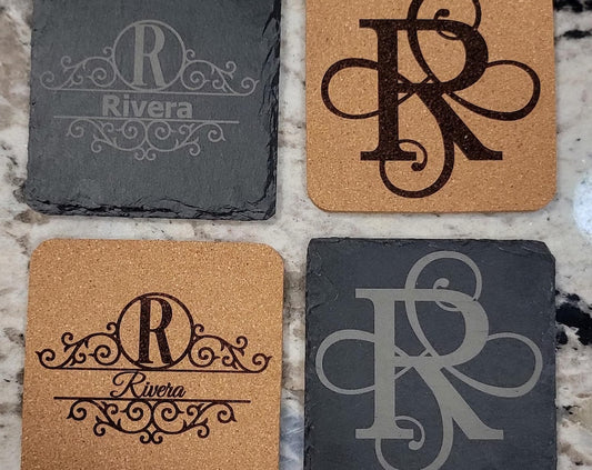 Personalized Monogram Coasters, Set of 4 Cork or Slate, Custom Drink Coasters, Housewarming Gifts, Home Decor