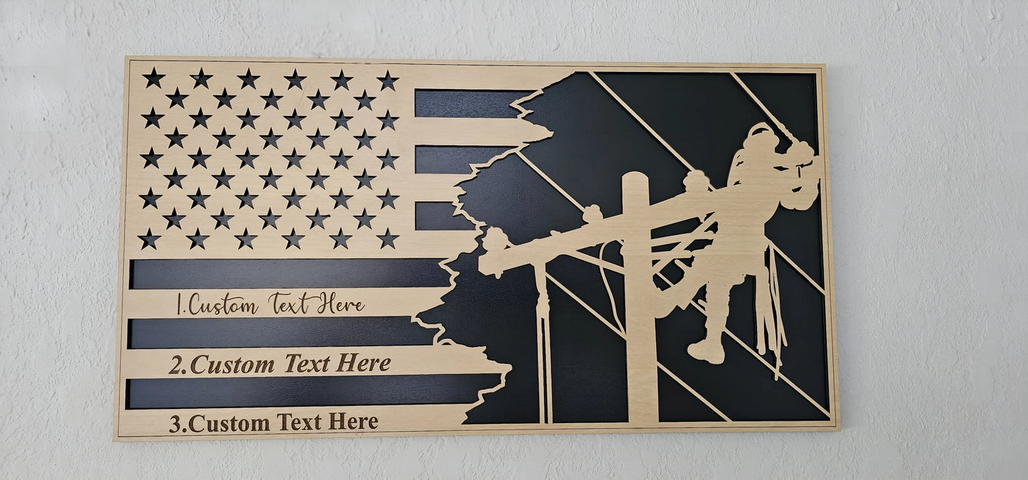 Lineman Engraved Flag Plaque 10x19 – Custom Wood Gift for Qualification, Retirement, Recognition – Lineman Appreciation