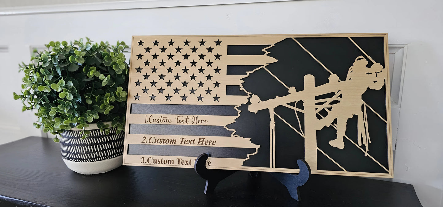 Lineman Engraved Flag Plaque 10x19 – Custom Wood Gift for Qualification, Retirement, Recognition – Lineman Appreciation