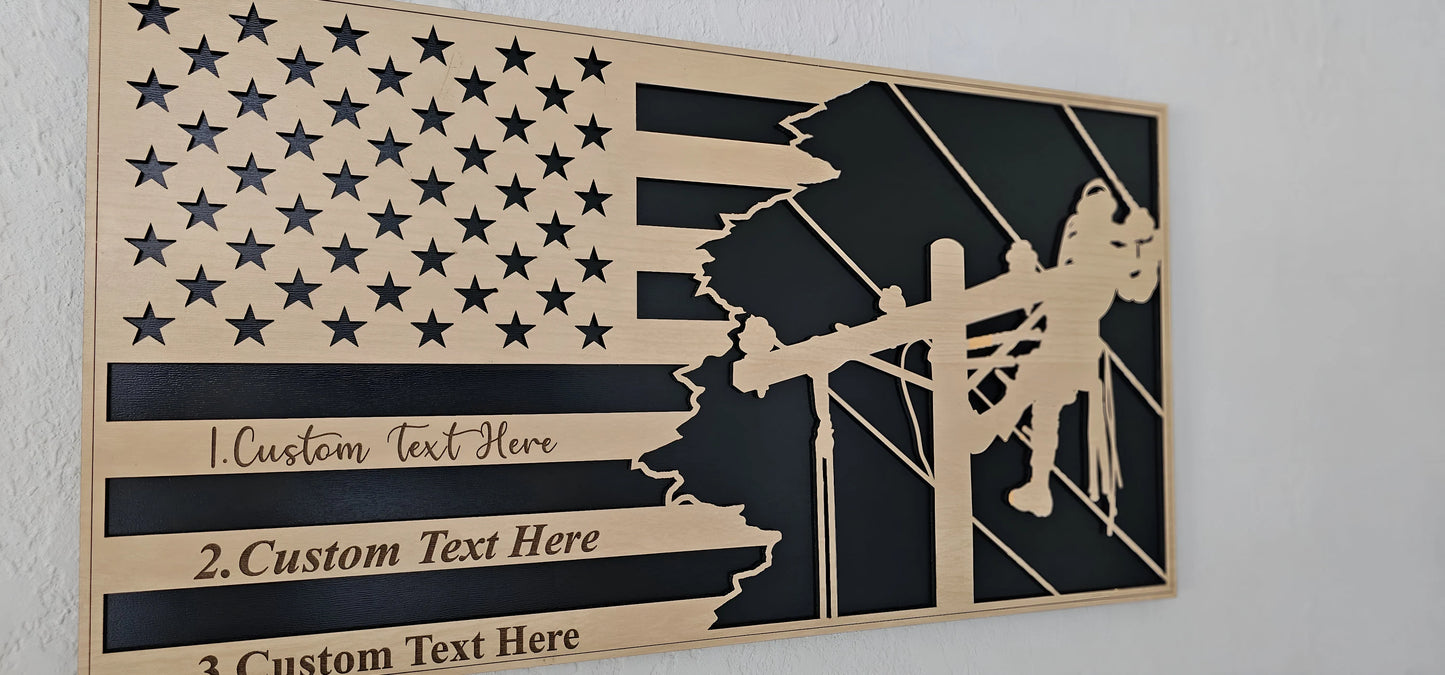 Lineman Engraved Flag Plaque 10x19 – Custom Wood Gift for Qualification, Retirement, Recognition – Lineman Appreciation