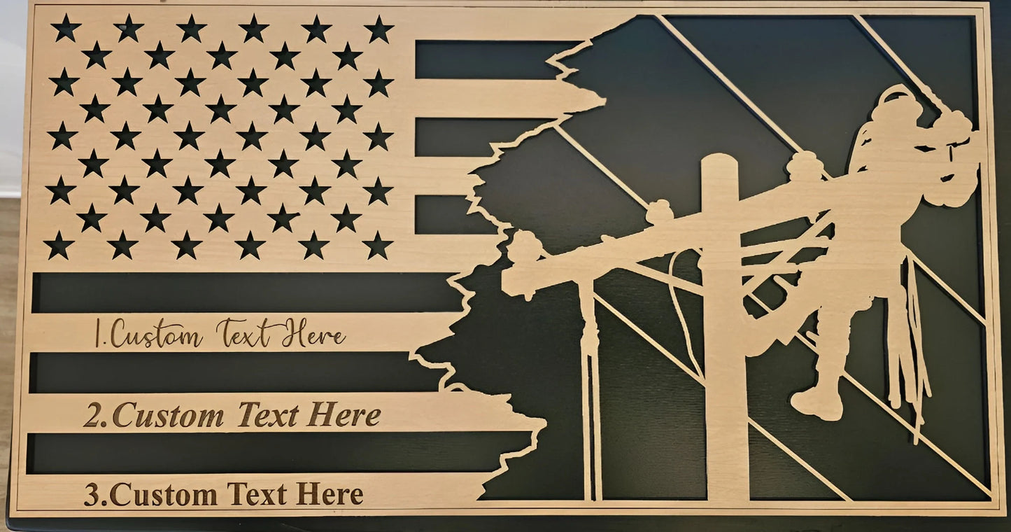 Lineman Engraved Flag Plaque 10x19 – Custom Wood Gift for Qualification, Retirement, Recognition – Lineman Appreciation