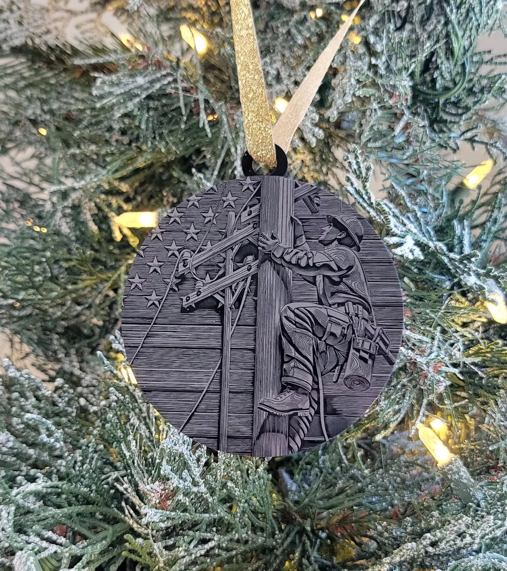 Personalized Lineman Christmas Ornament | Engraved Black Acrylic Holiday Decor & Unique Gift for Linemen