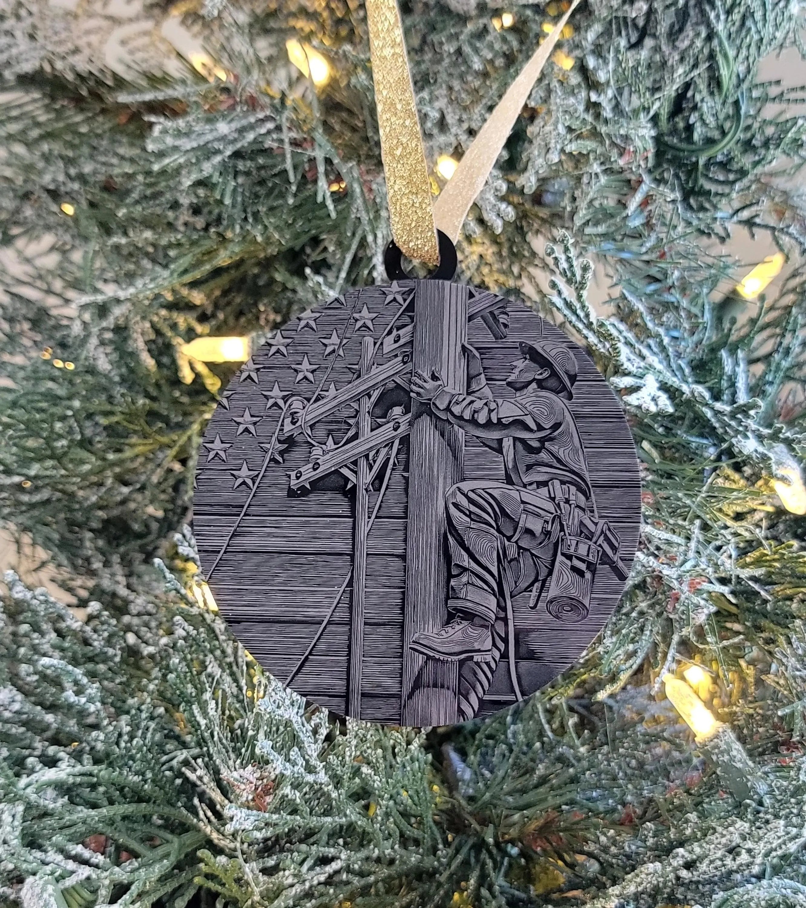 Personalized Lineman Christmas Ornament | Engraved Black Acrylic Holiday Decor & Unique Gift for Linemen