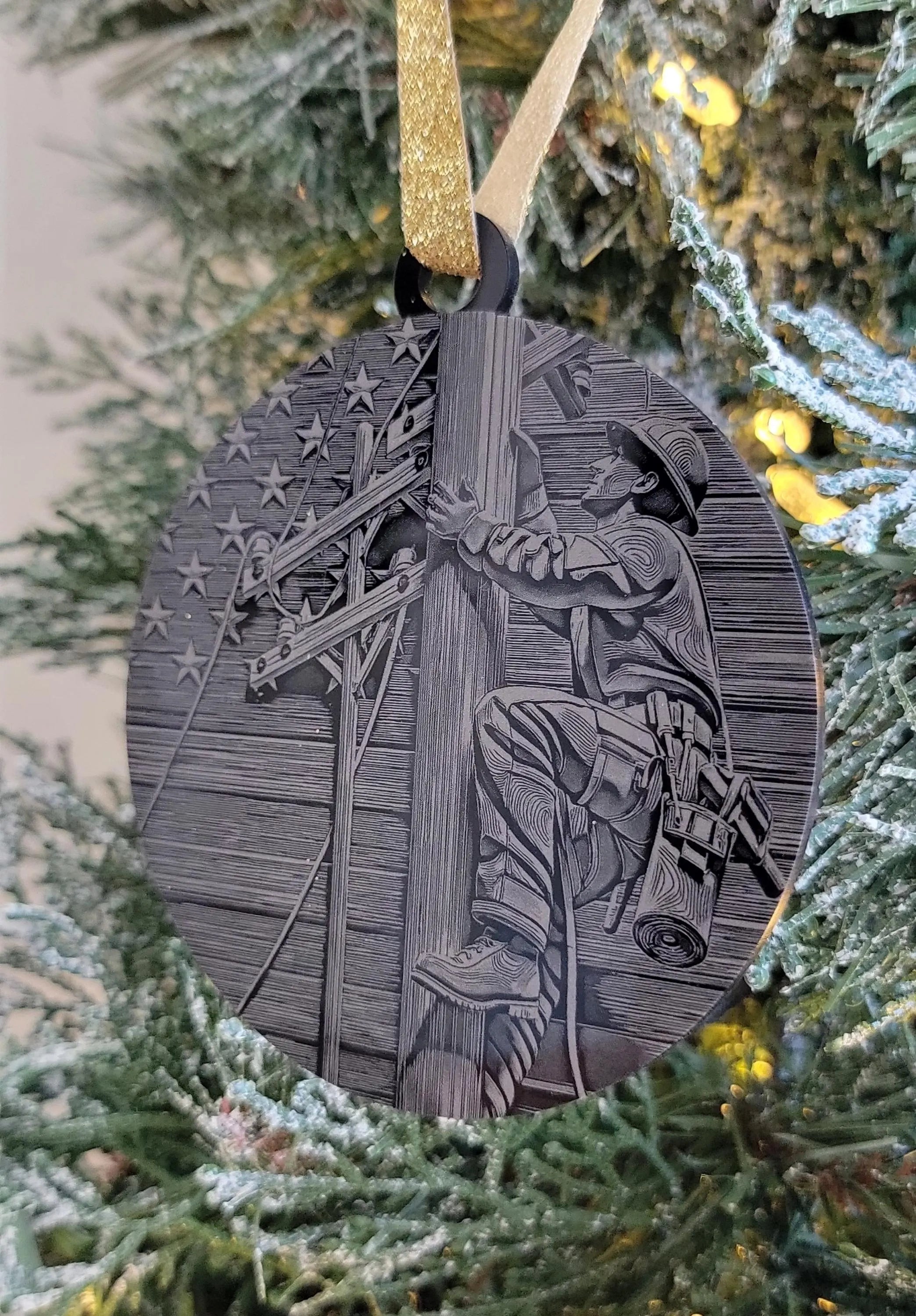 Personalized Lineman Christmas Ornament | Engraved Black Acrylic Holiday Decor & Unique Gift for Linemen