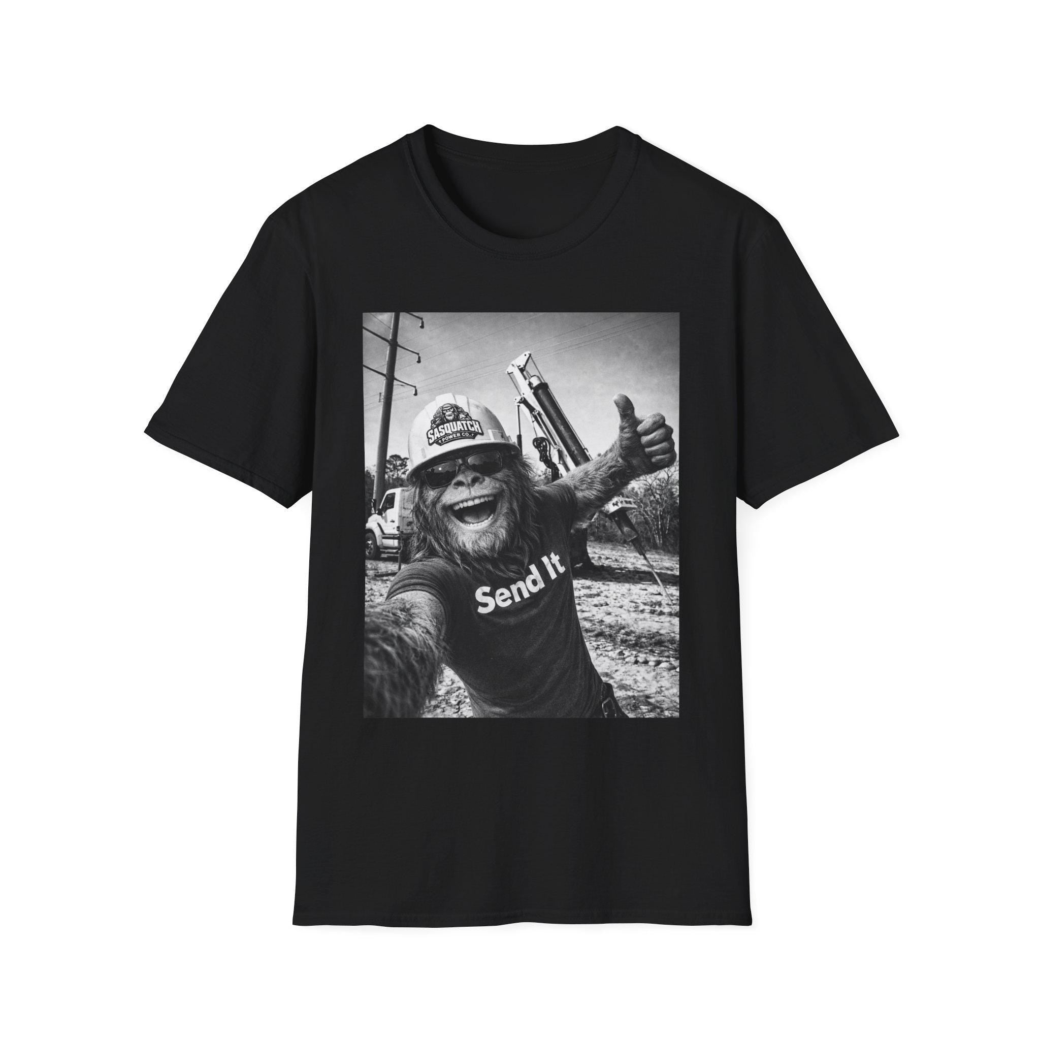 Sasquatch Lineman Shirt - Funny Bigfoot Selfie "Send It" Lineworker Gift Tee