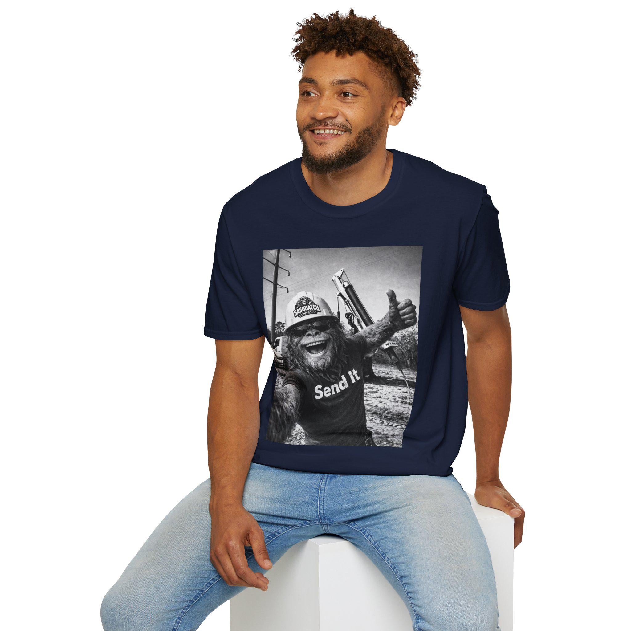 Sasquatch Lineman Shirt - Funny Bigfoot Selfie "Send It" Lineworker Gift Tee