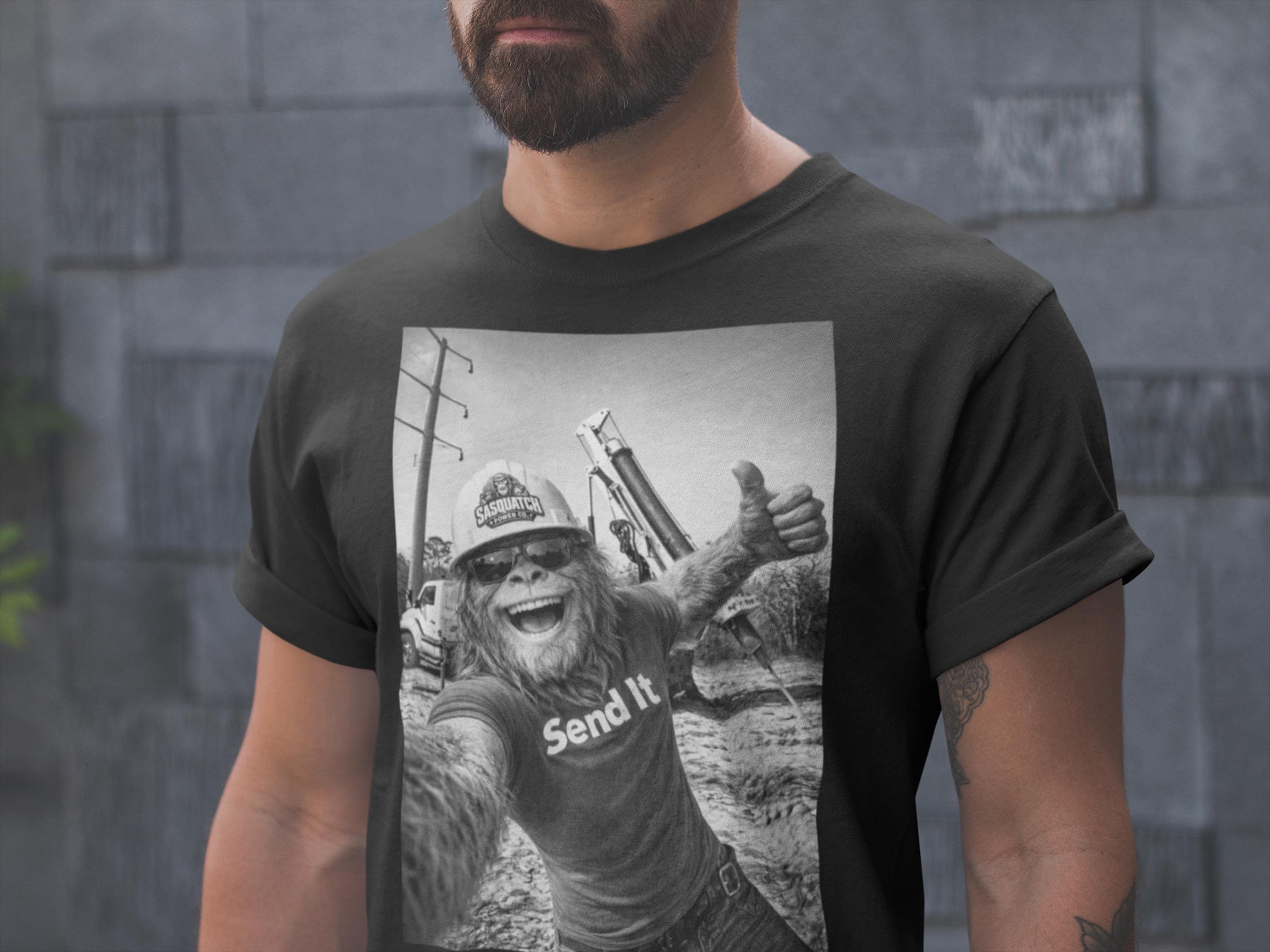 Sasquatch Lineman Shirt - Funny Bigfoot Selfie "Send It" Lineworker Gift Tee