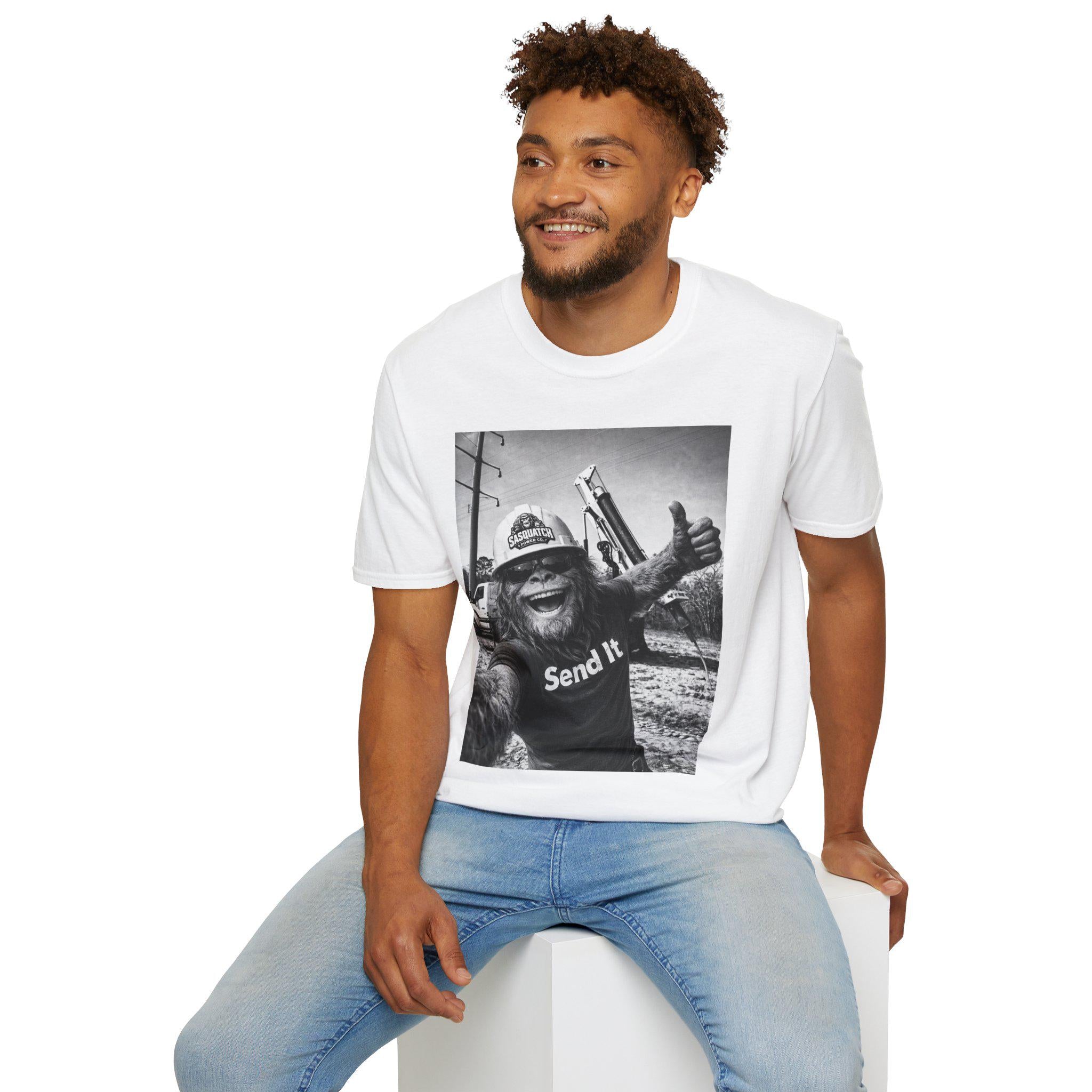 Sasquatch Lineman Shirt - Funny Bigfoot Selfie "Send It" Lineworker Gift Tee