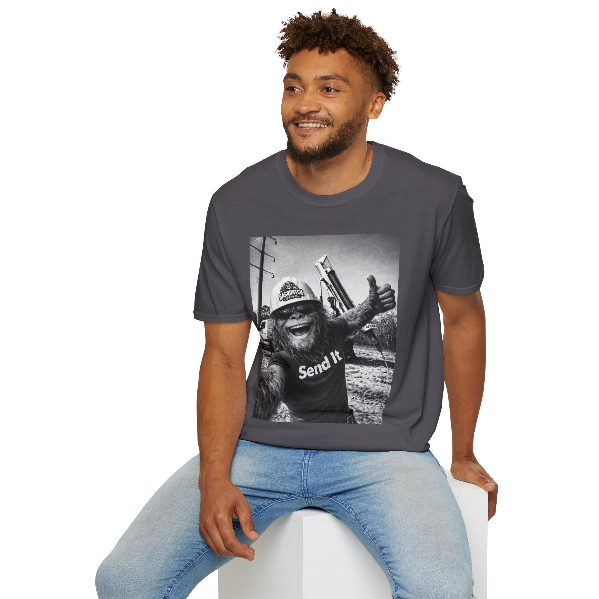 Sasquatch Lineman Shirt - Funny Bigfoot Selfie "Send It" Lineworker Gift Tee