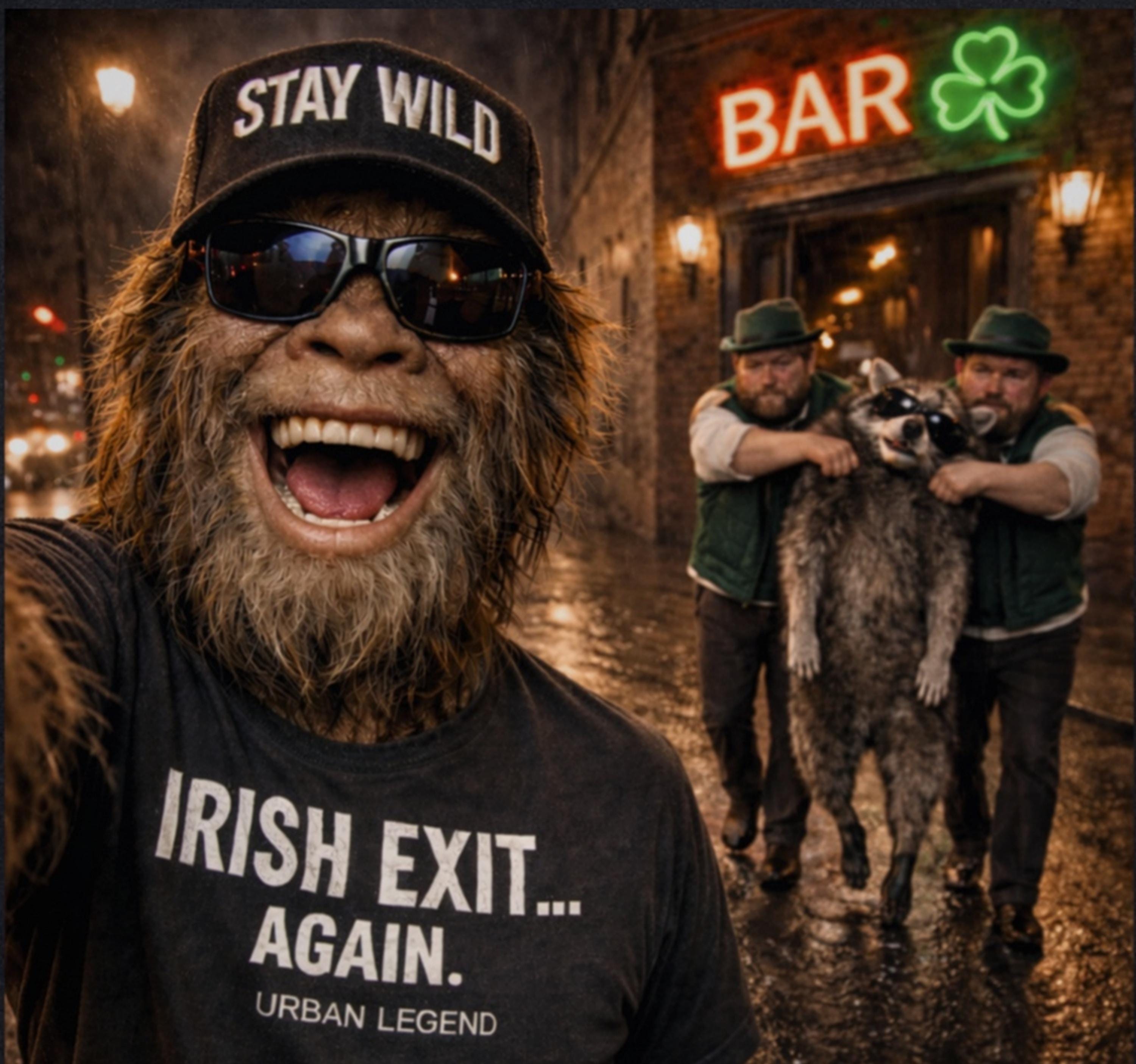 Raccoon Irish Exit Tee, Sasquatch Urban Legend St Pattys Shirt