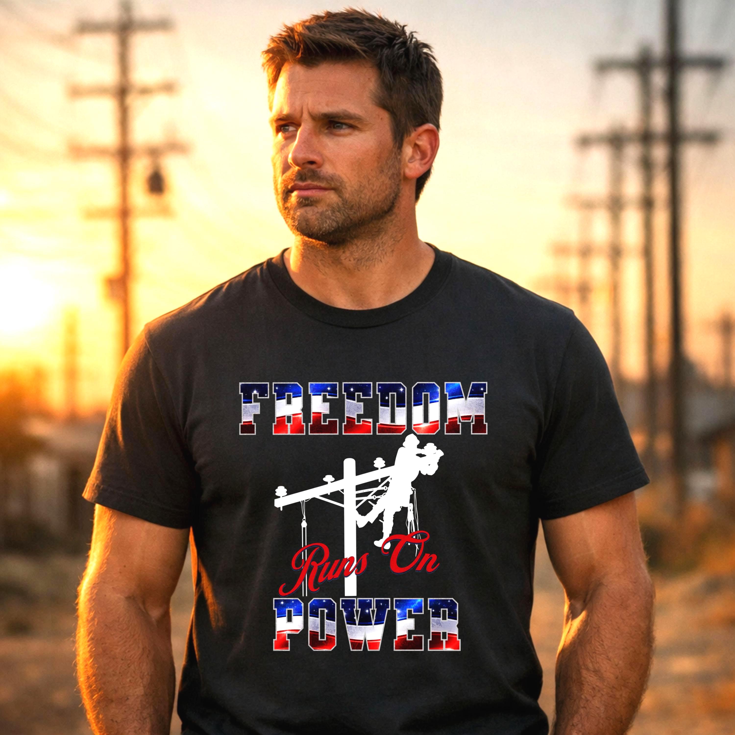 Patriotic Lineman Shirt, Freedom Runs On Power, Journeyman Electrical Worker Tee