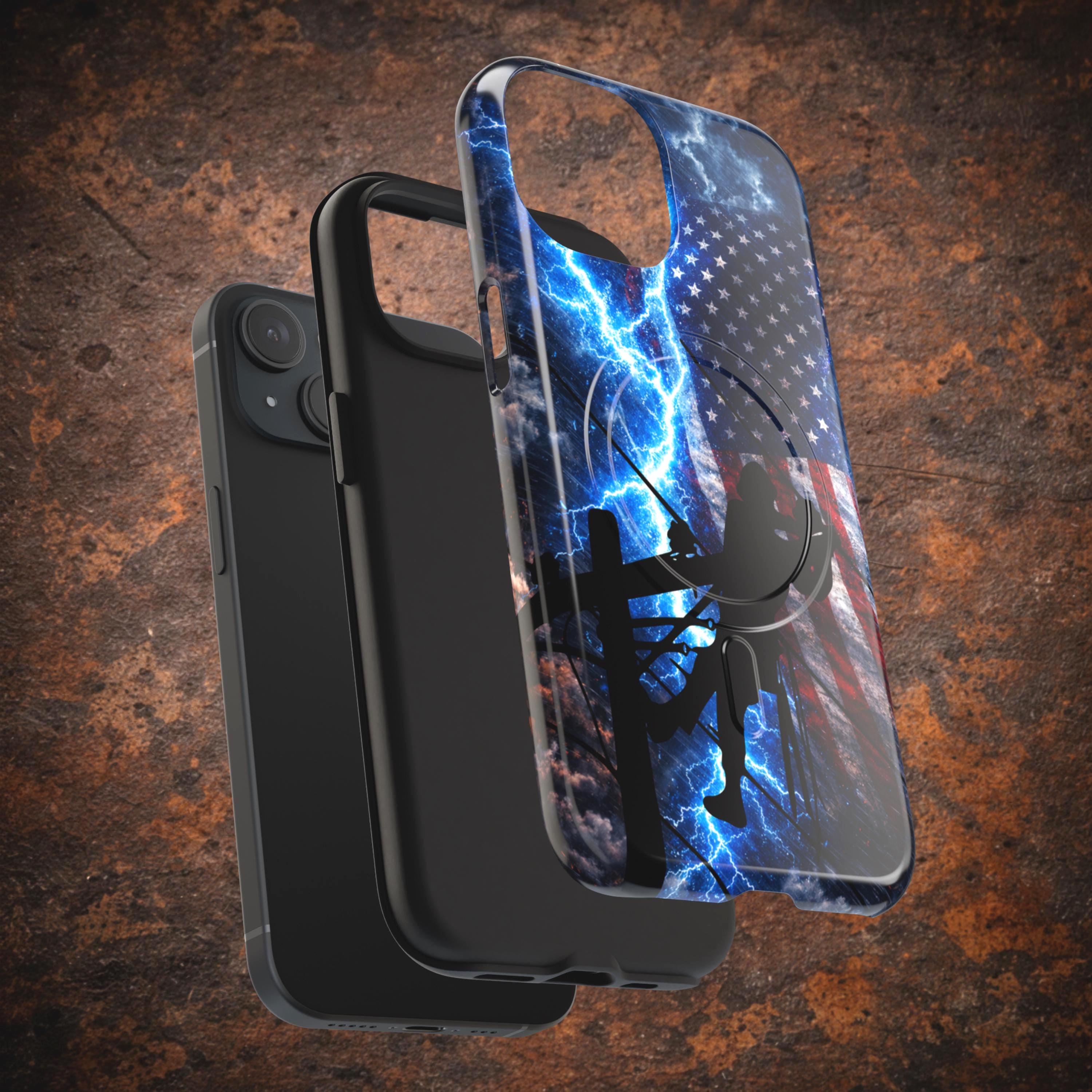 Lineman iPhone Case: Patriotic American Flag Lightning Utility Tough Cover (MagSafe)