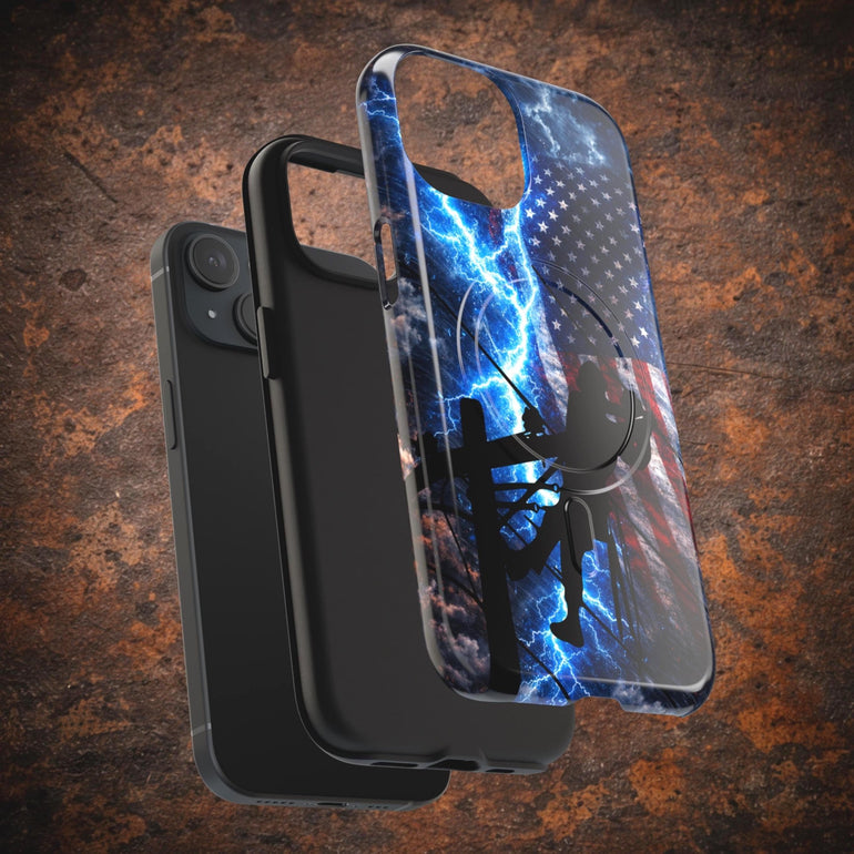 Lineman iPhone Case: Patriotic American Flag Lightning Utility Tough Cover (MagSafe)