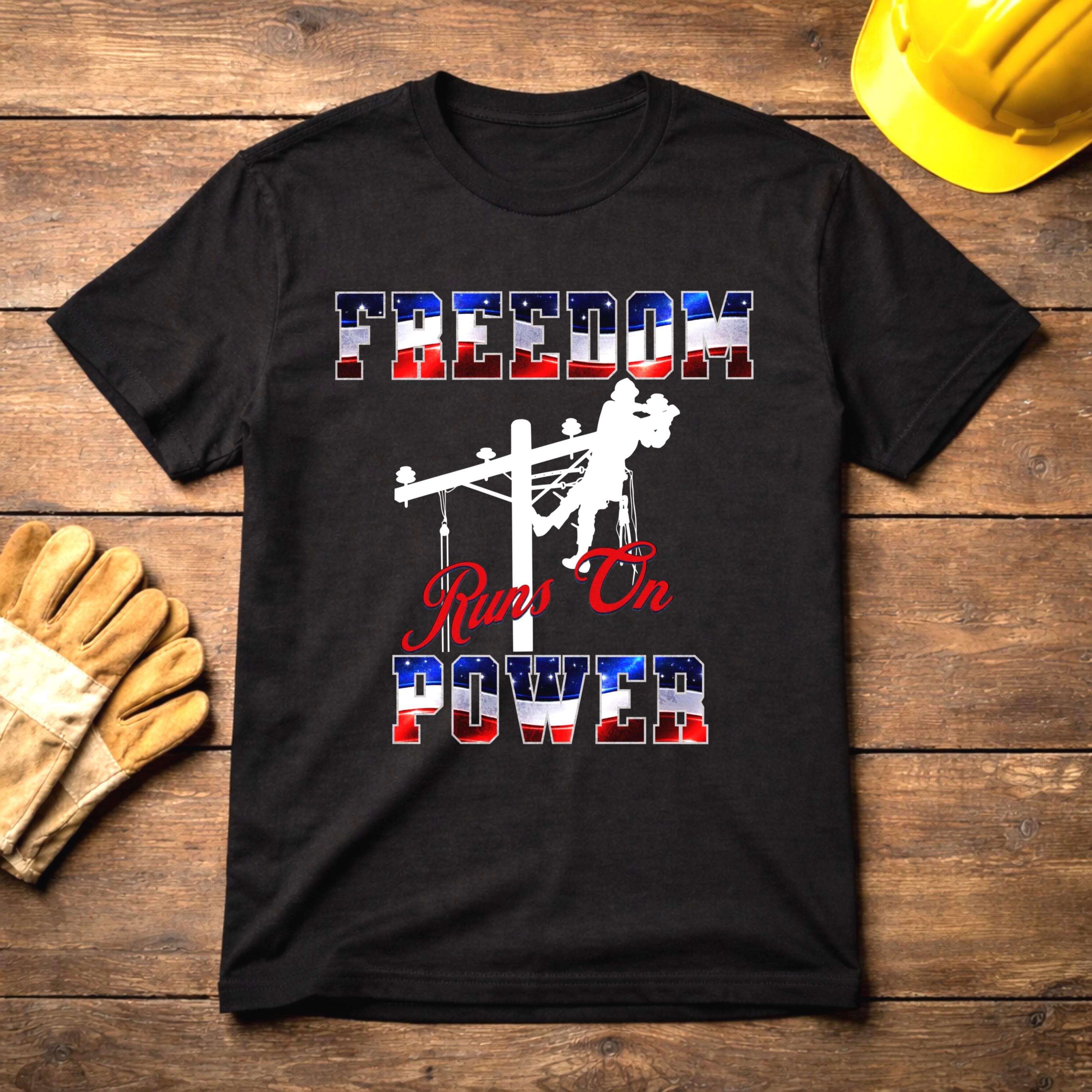 Patriotic Lineman Shirt, Freedom Runs On Power, Journeyman Electrical Worker Tee