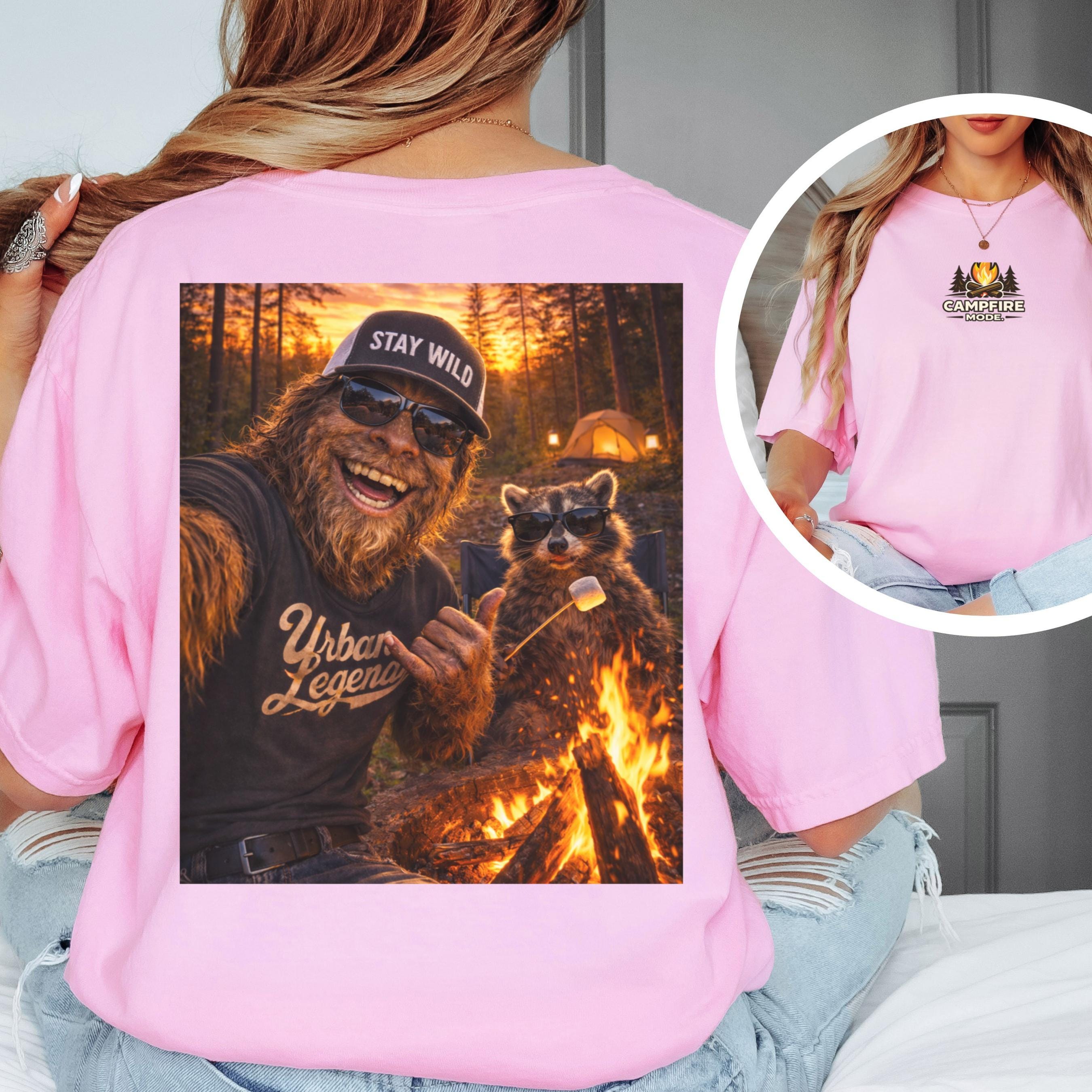 Camping Shirt, Funny Raccoon Bigfoot Tee, Sasquatch Campfire Graphic Shirt Cotton