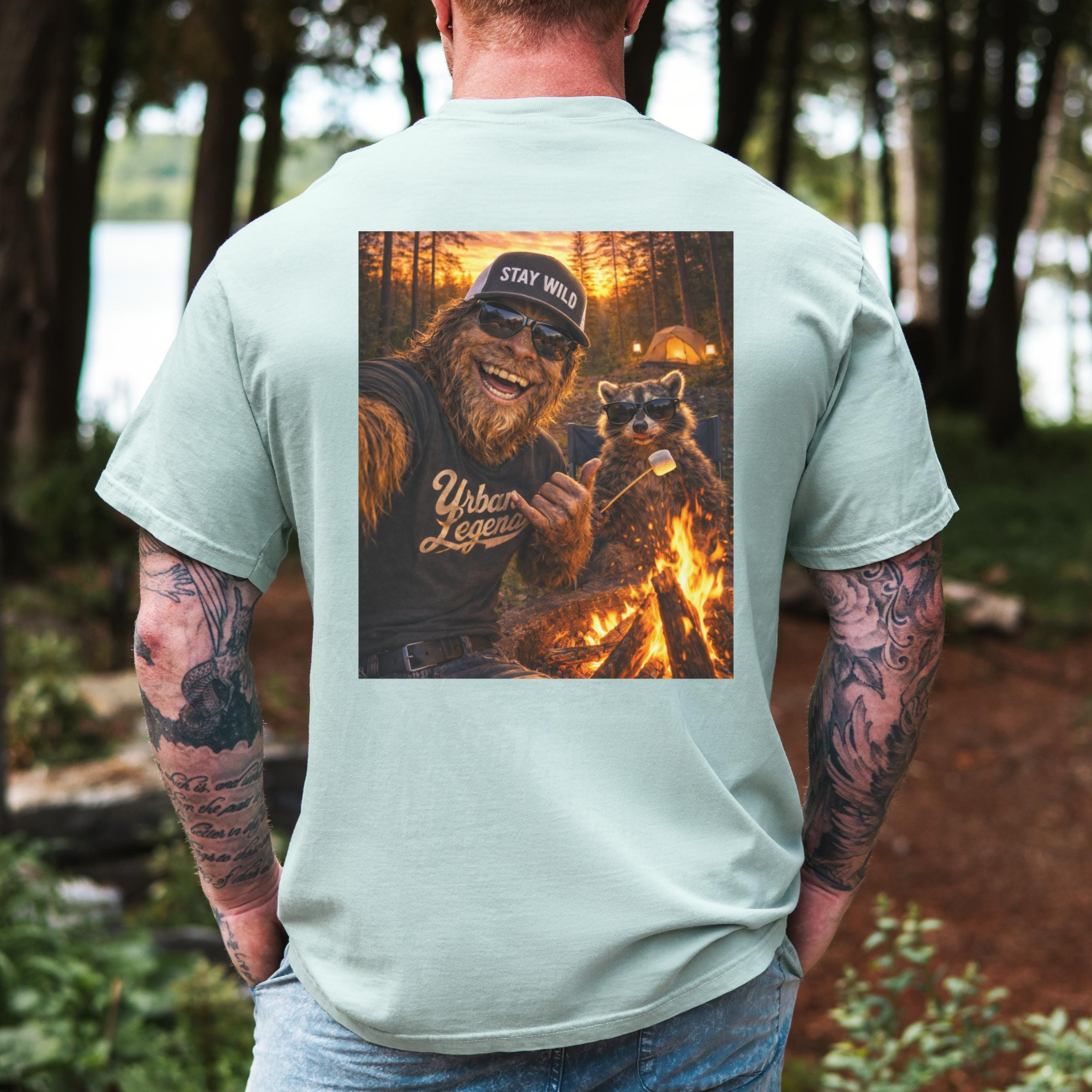 Camping Shirt, Funny Raccoon Bigfoot Tee, Sasquatch Campfire Graphic Shirt Cotton