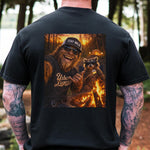 Camping Shirt, Funny Raccoon Bigfoot Tee, Sasquatch Campfire Graphic Shirt Cotton
