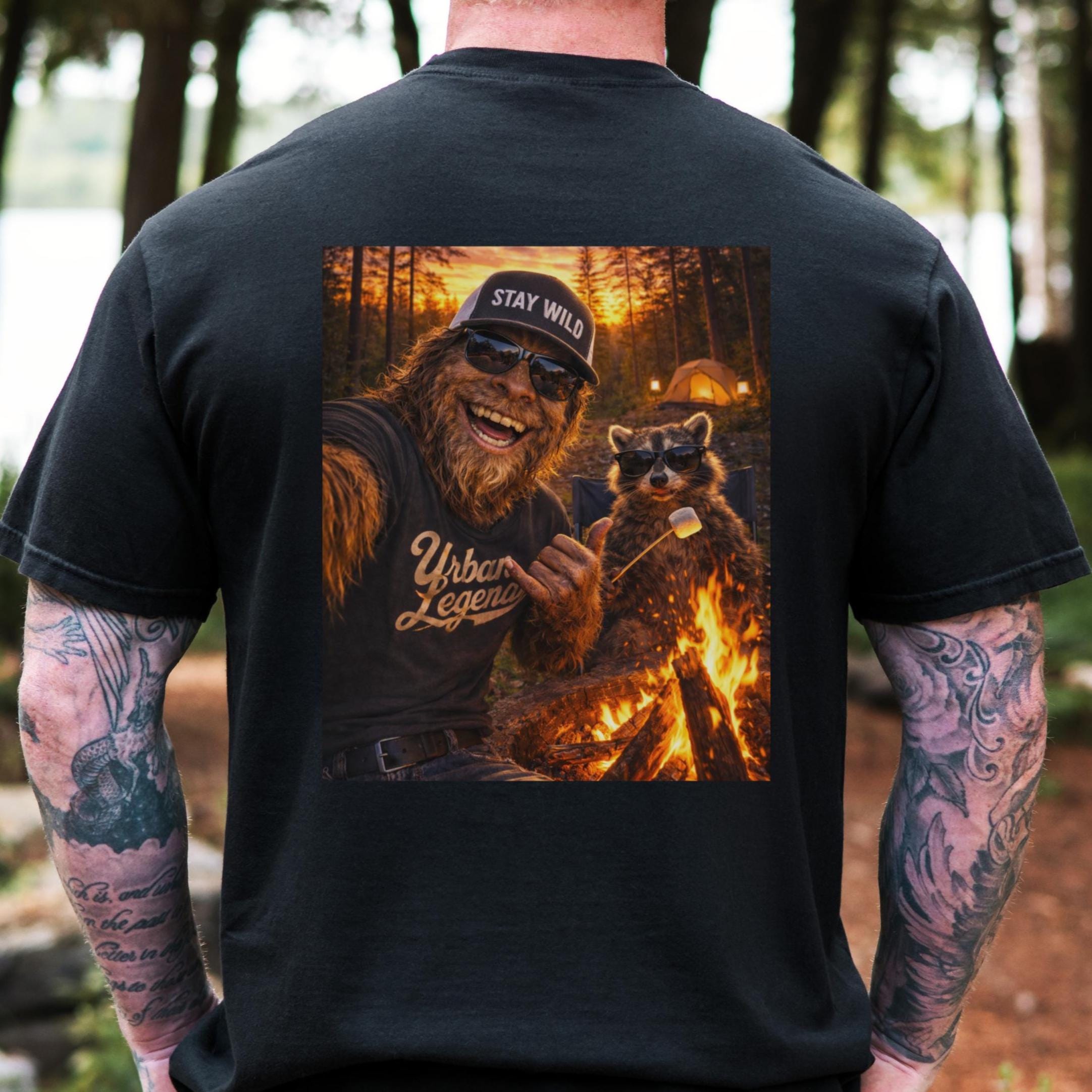 Camping Shirt, Funny Raccoon Bigfoot Tee, Sasquatch Campfire Graphic Shirt Cotton